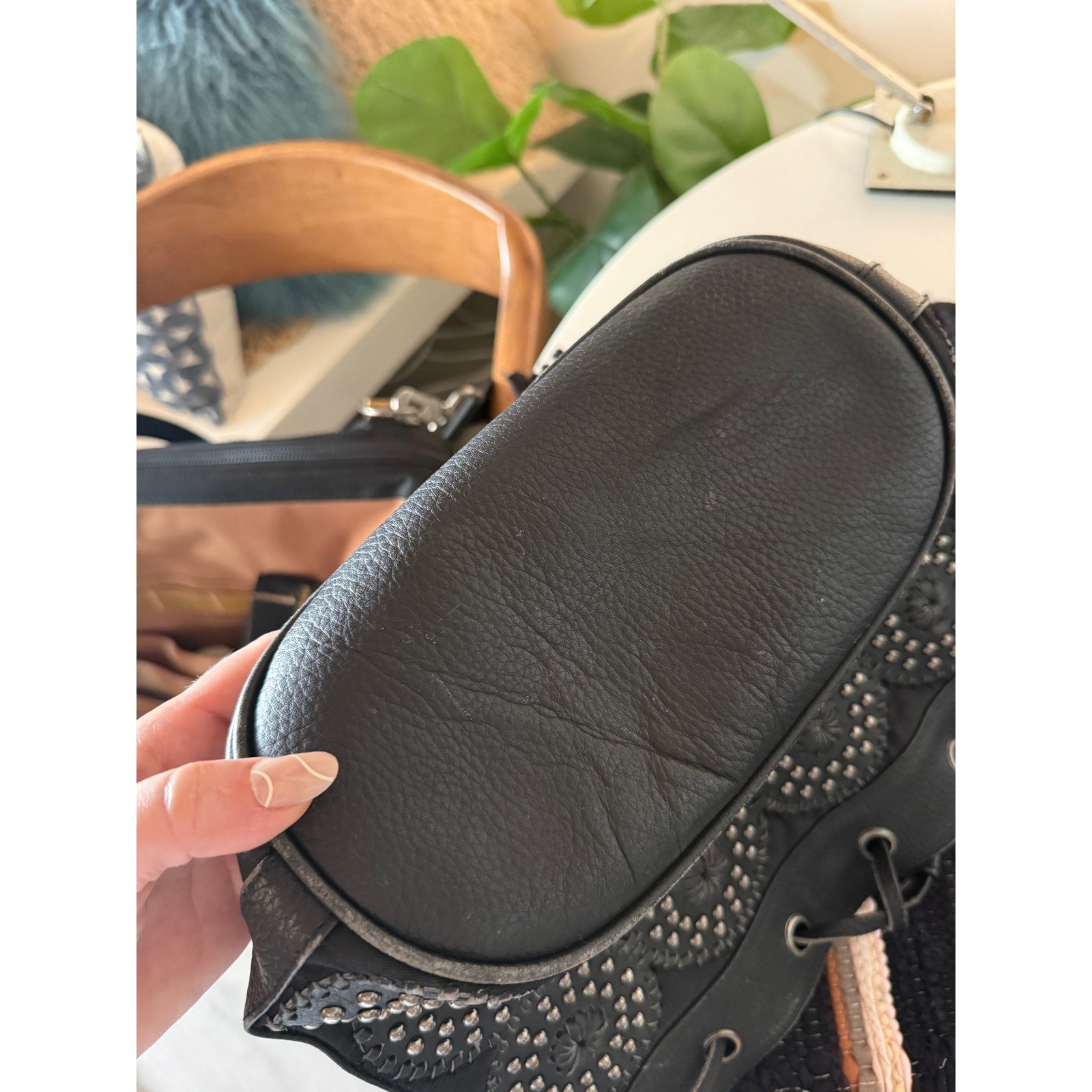 Cleobella Black Leather Studded Medallion Bucket Bag Crossbody Drawstring Boho
