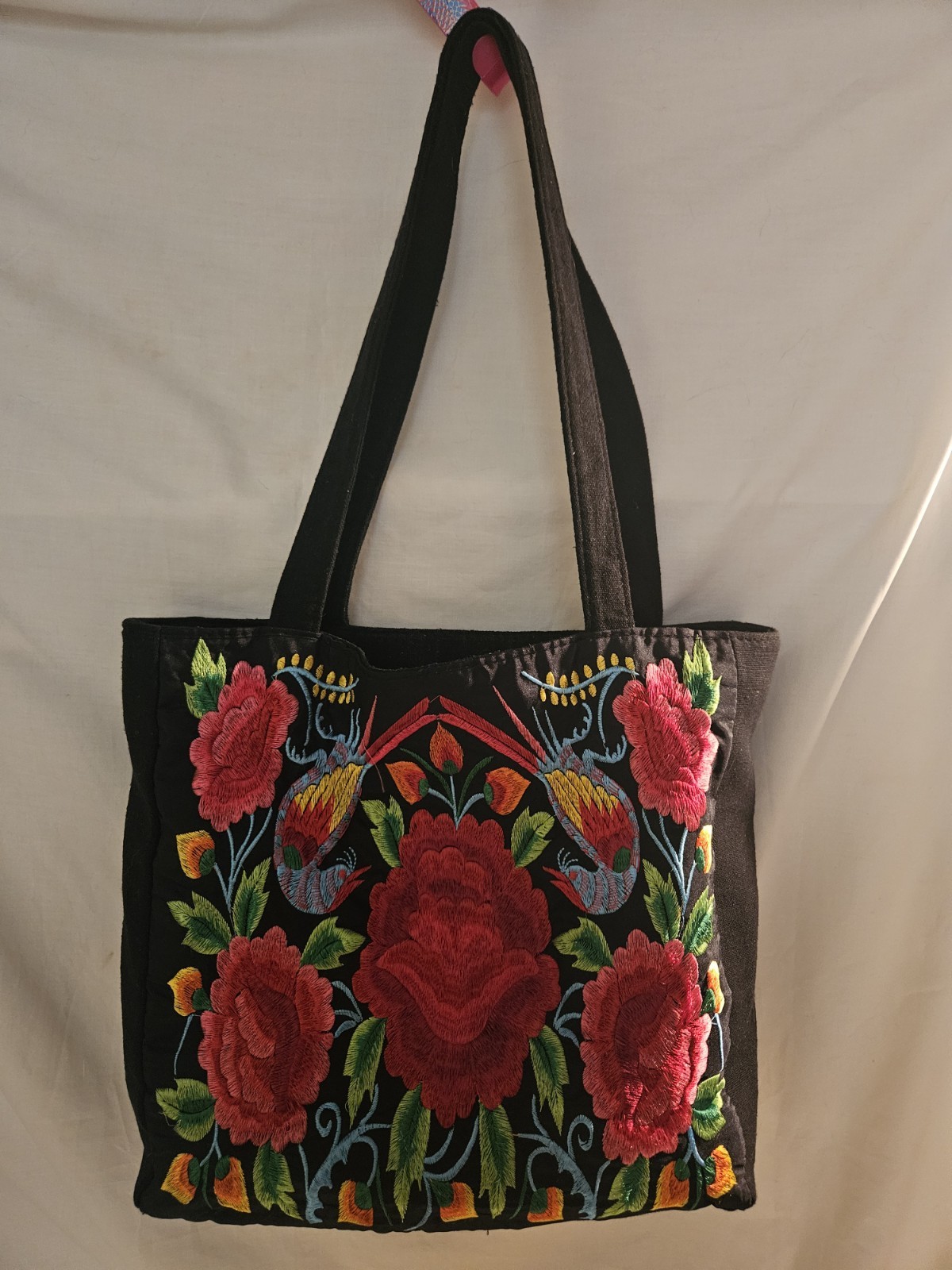 Black Canvas shoulder Tote Bag w/Mexican artisan hand embroidered flowers birds