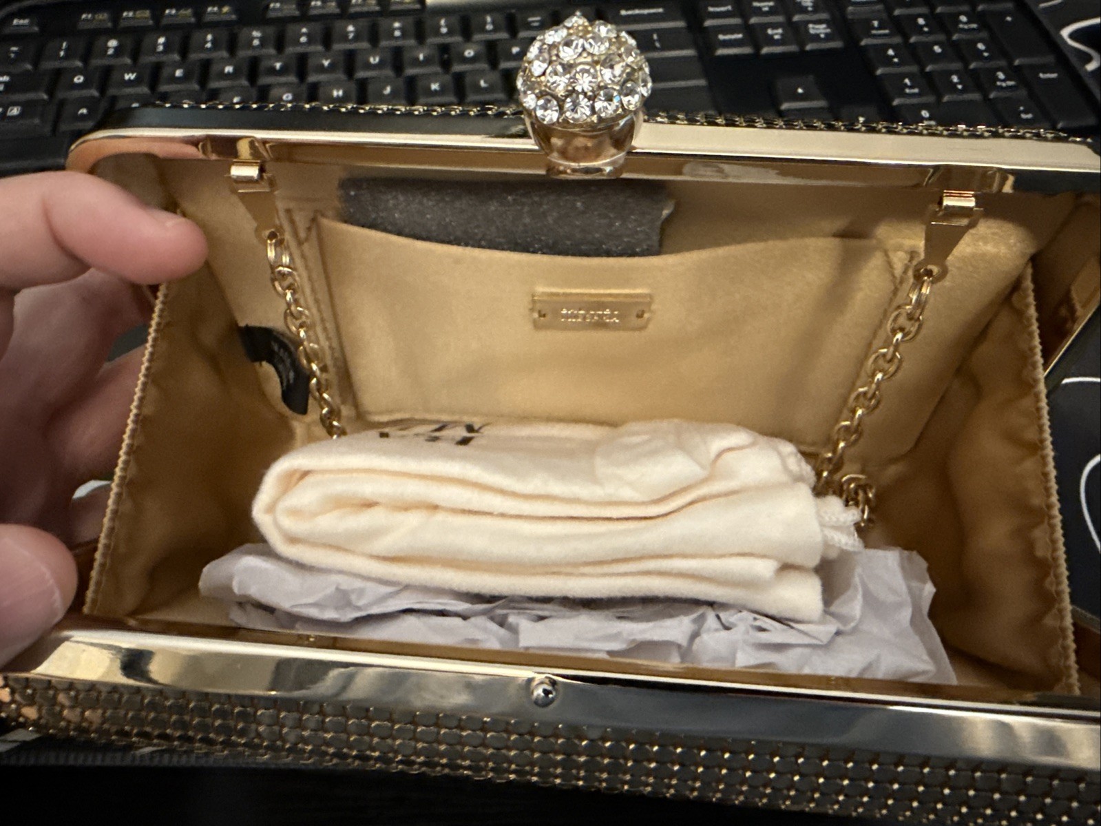 Badgley Mischka Carat Gold Mesh Clutch Evening Bag Crystal Clasp NWT BLBG-10213