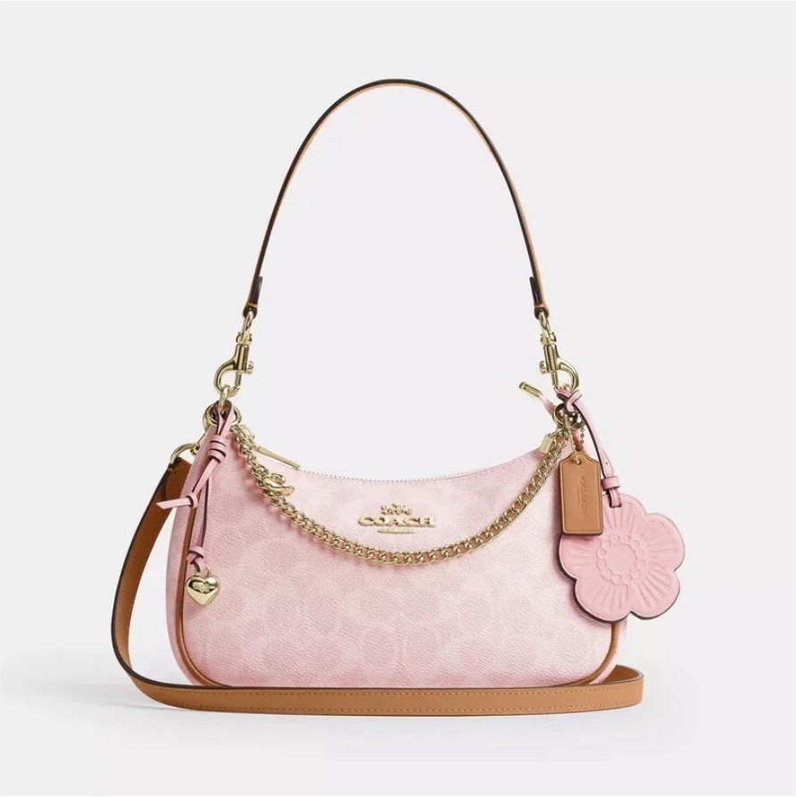 NWT Coach Teri Shoulder Bag Signature Canvas With Charms Gold/Powder Pink CEA20