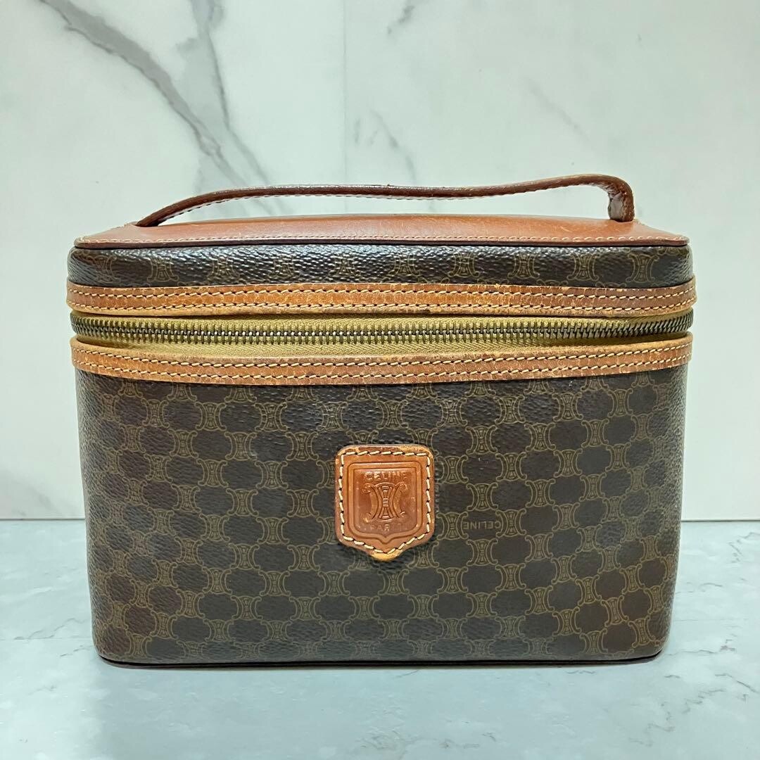 Celine Macadam Triomphe Vanity Bag Brown Monogram PVC Leather Top Handle Italy