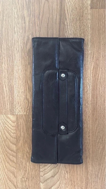 Vintage Nordstrom Italy, genuine, black, leather clutch purse, overlap snap
