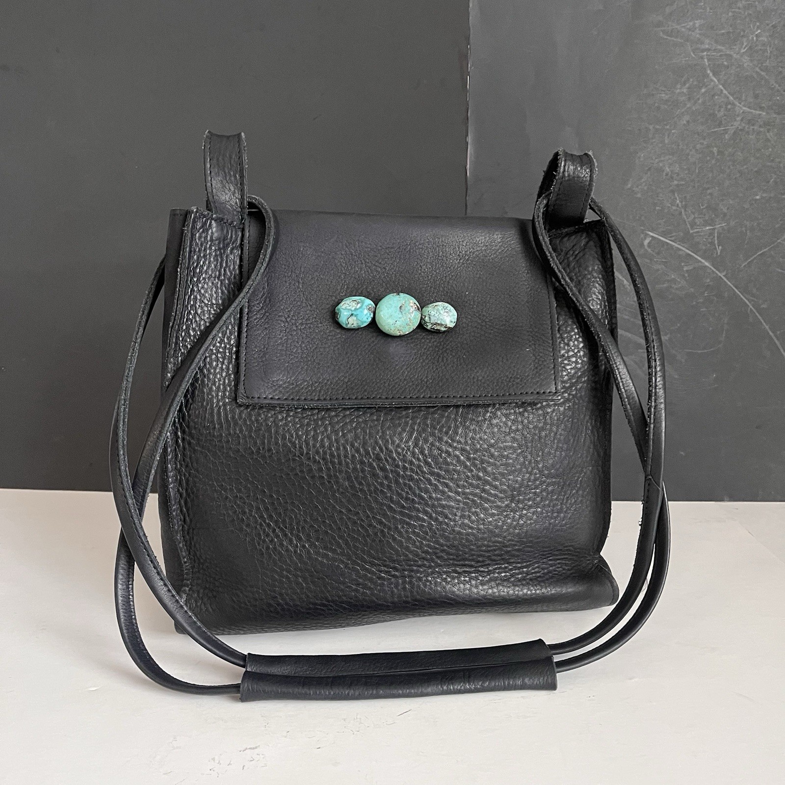Two Bar West Black Leather Bag with Turquoise Accents Shoulder Bag