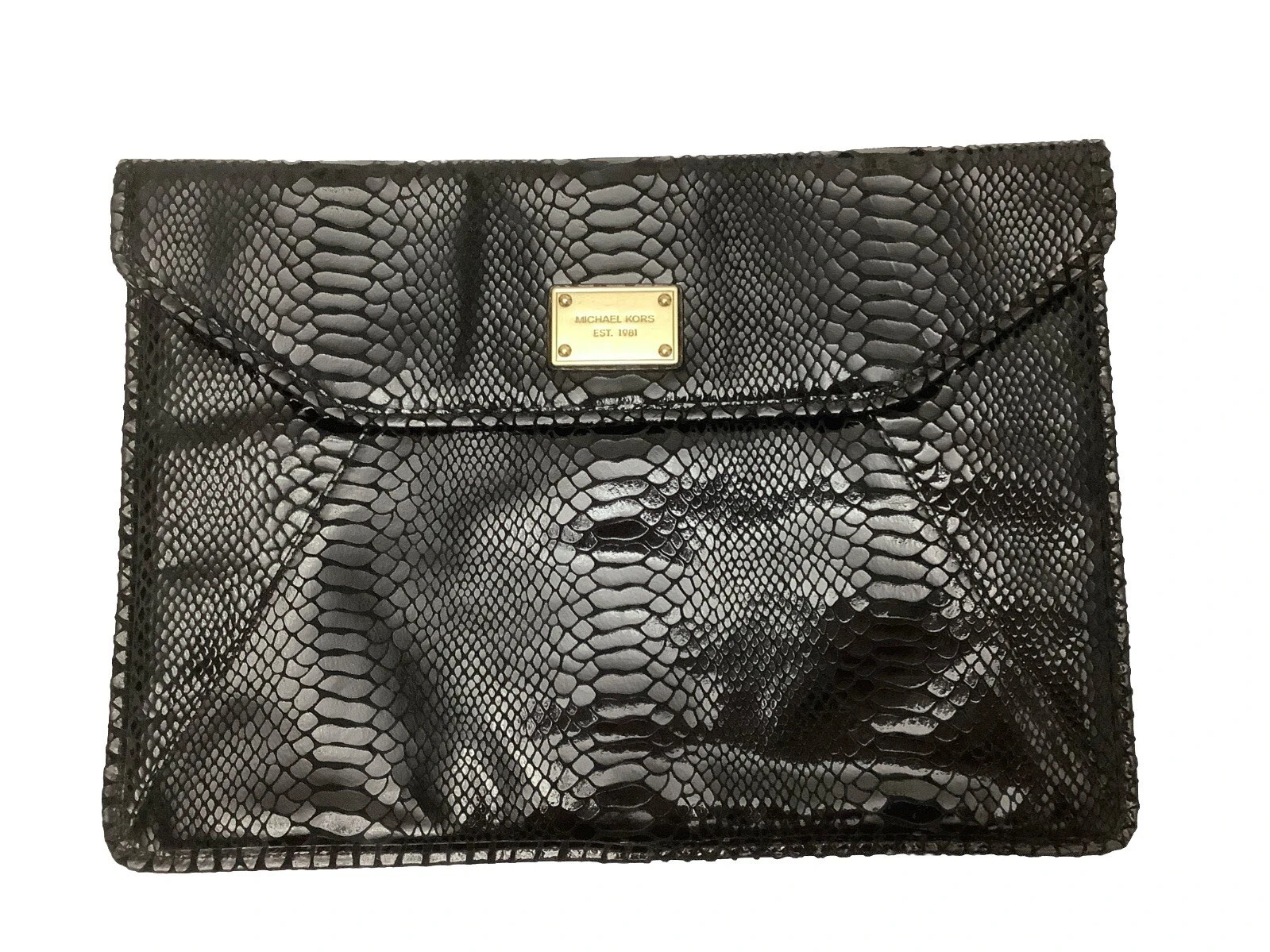 Michael Kors Tablet Laptop envelope clutch snakeskin black gold Plate Mint