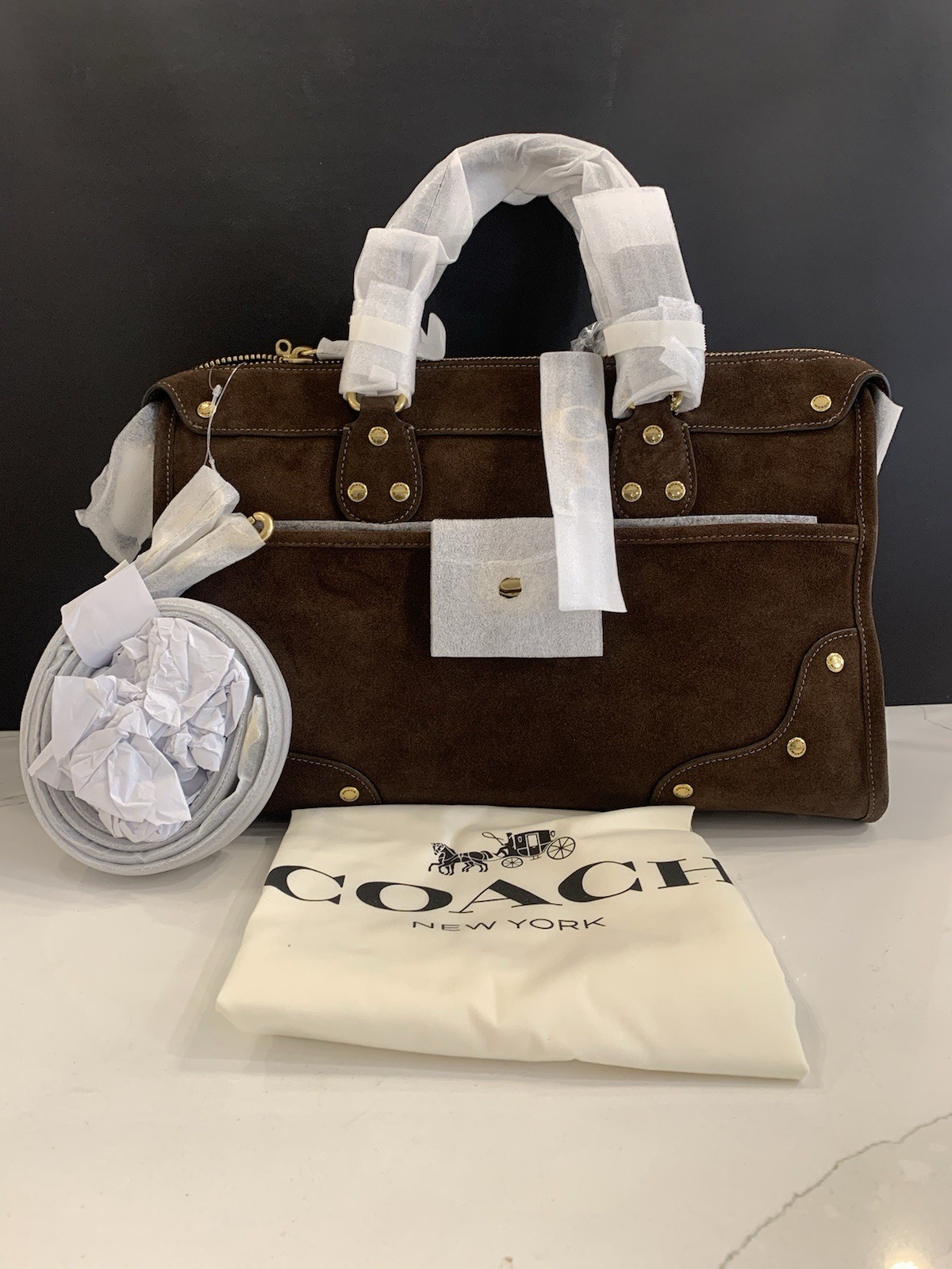 New Coach Rhyder Satchel Bag 38 Suede Brass Dark Chocolate CFN68
