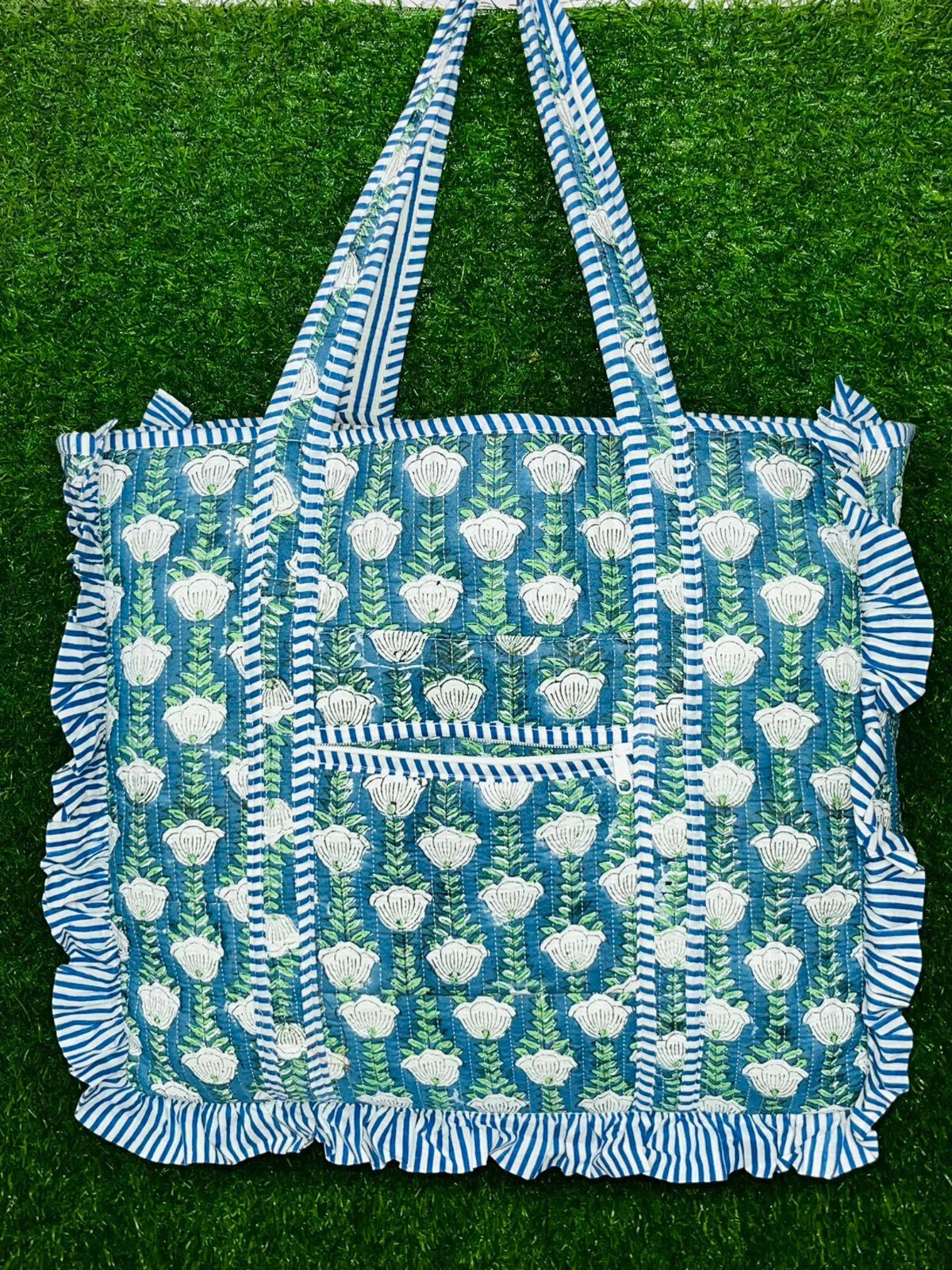 Large Cotton Quilted Frill Tote Bag Handle Grocery Bag Bag For Women Ruffle Tote