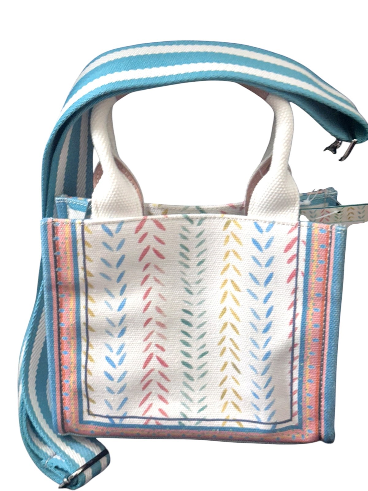 Brighton Trigger Fish Mini Tote- canvas -crossbody strap-blue orange white-snap