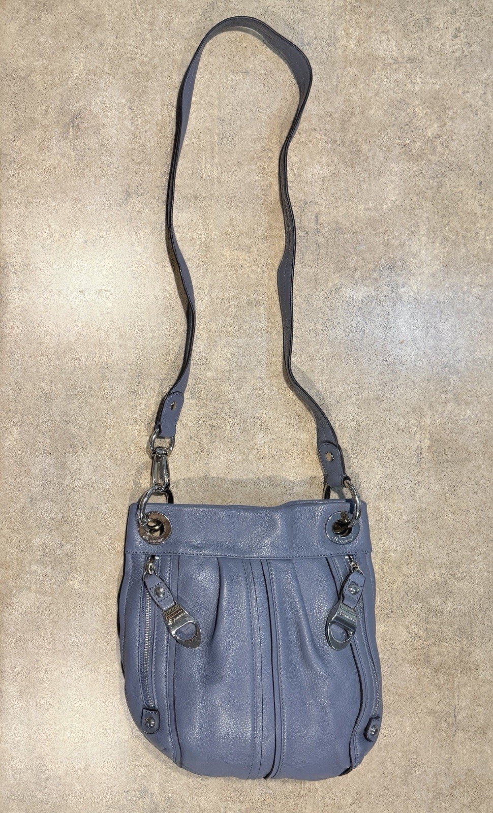 B Makowsky Pebbled Leather Crossbody Shoulder Bag Blue Slate Gray Silver Accent