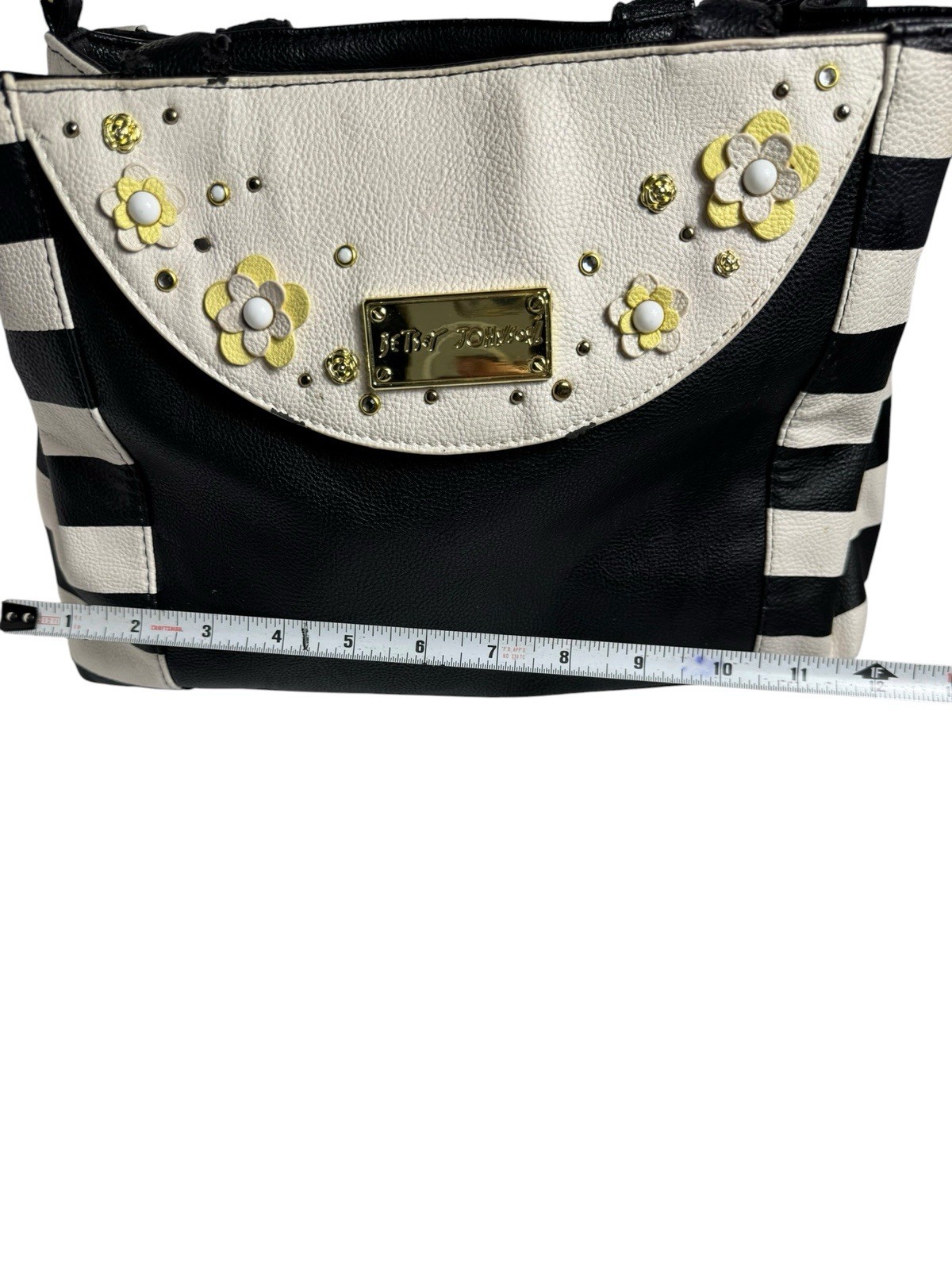 Betsey Johnson Black White Stripe Daisy Floral Tote Satchel Shoulder Bag