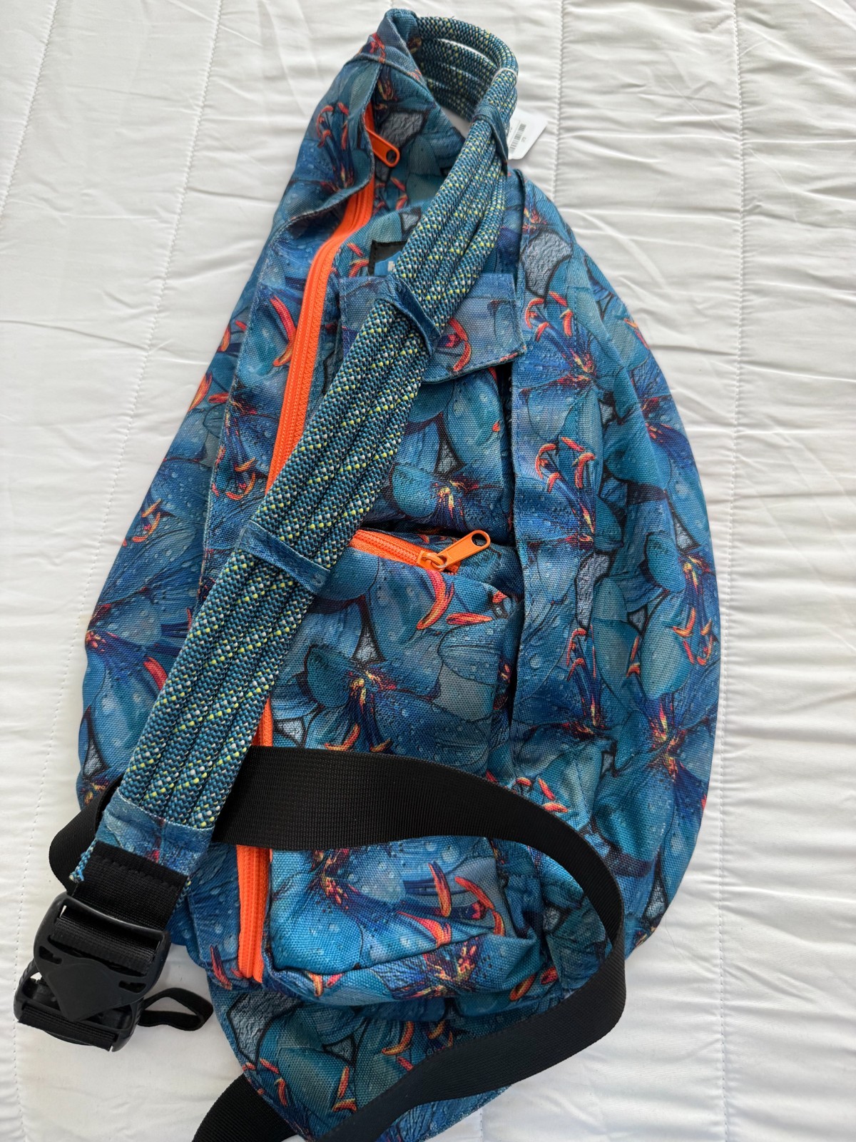 KAVU Rope Sling Bag Blue Floral Print Canvas Crossbody Backpack Travel Daypack