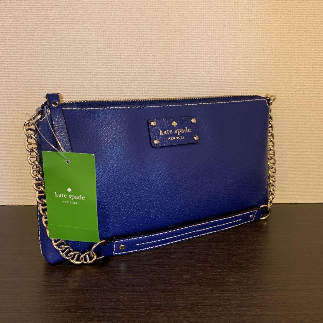 Kate Spade Byrd Wellesley Blue Leather Shoulder Bag Gold Chain US TAX Includ