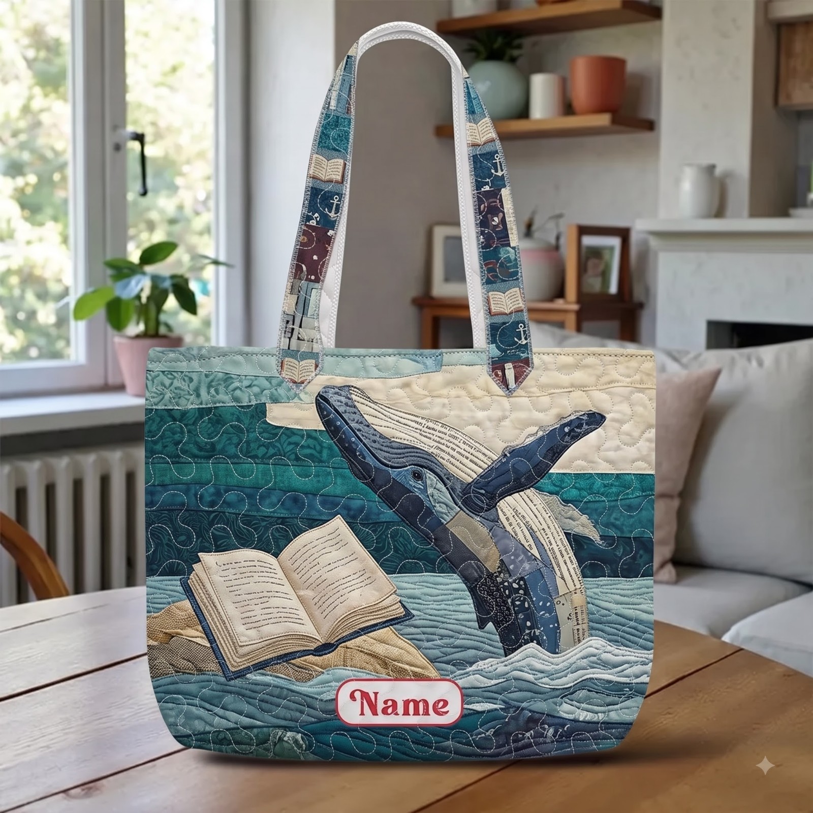 Personalized Whale and Ocean Book Quilted Tote Bag Custom Nautical Handbag