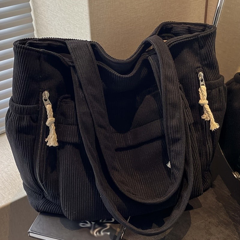 Travel Corduroy Shoulder Bag Casual Solid Color with Multiple Pocket Tote
