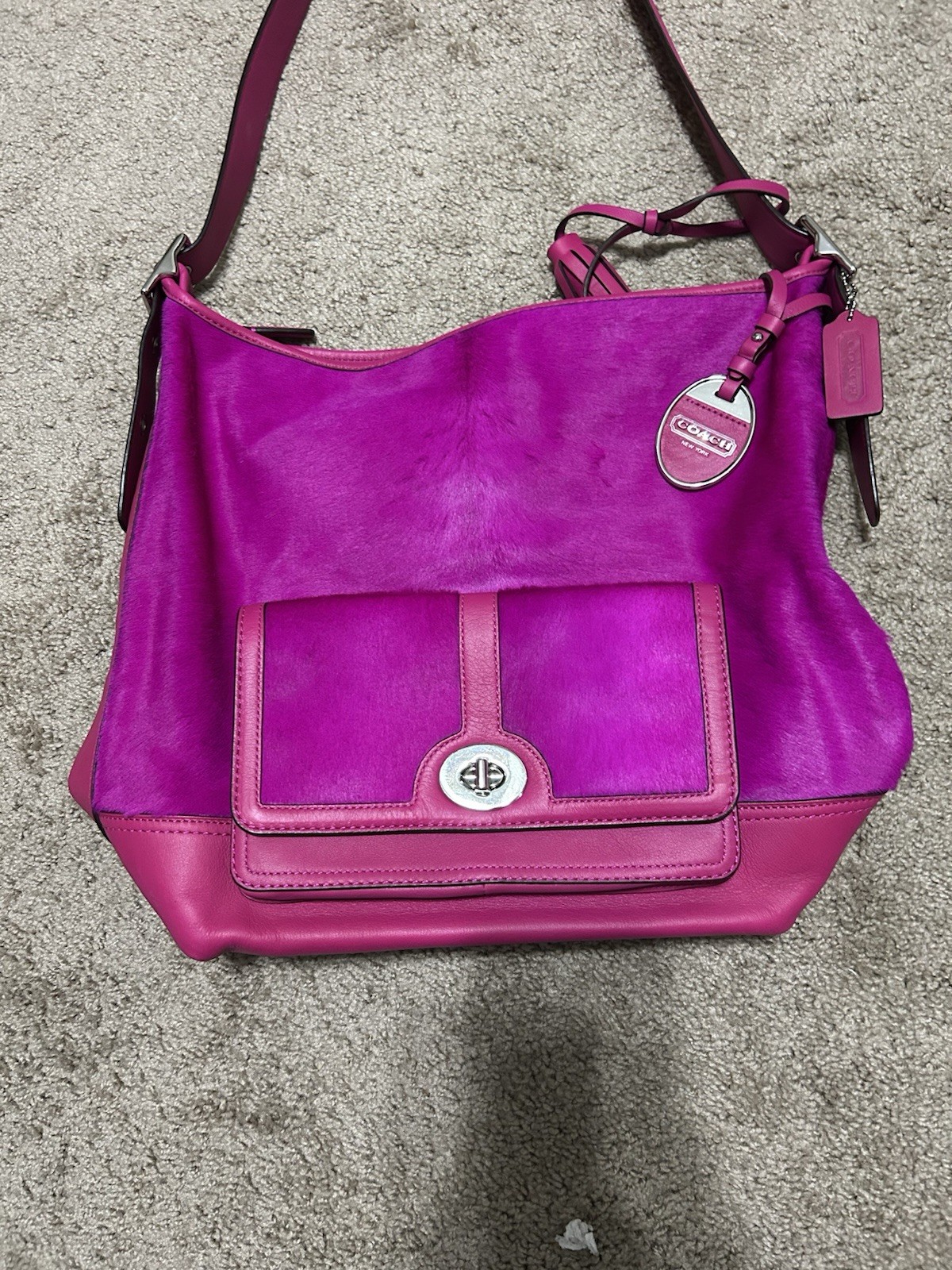 ​Coach Limited Edition Fuchsia Pink Calf Hair Legacy Duffle Tassel Bag #21158