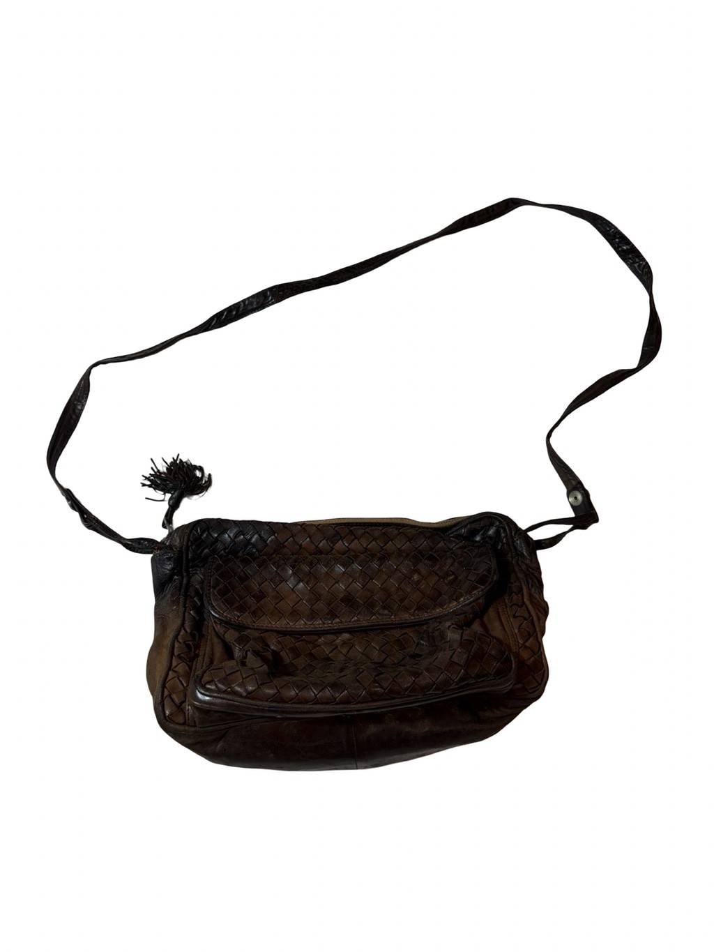 Vintage Bottega Veneta Intrecciato Brown Leather Crossbody Messenger Bag FLAW