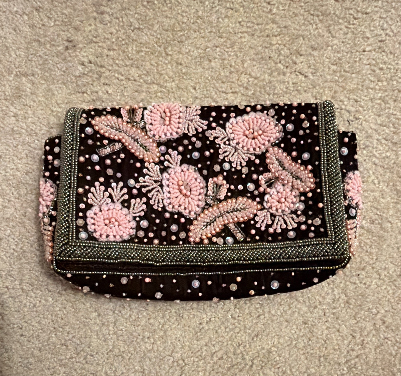 Anthropologie Black/Pink Floral Beaded Embroidered Women’s Clutch Bag