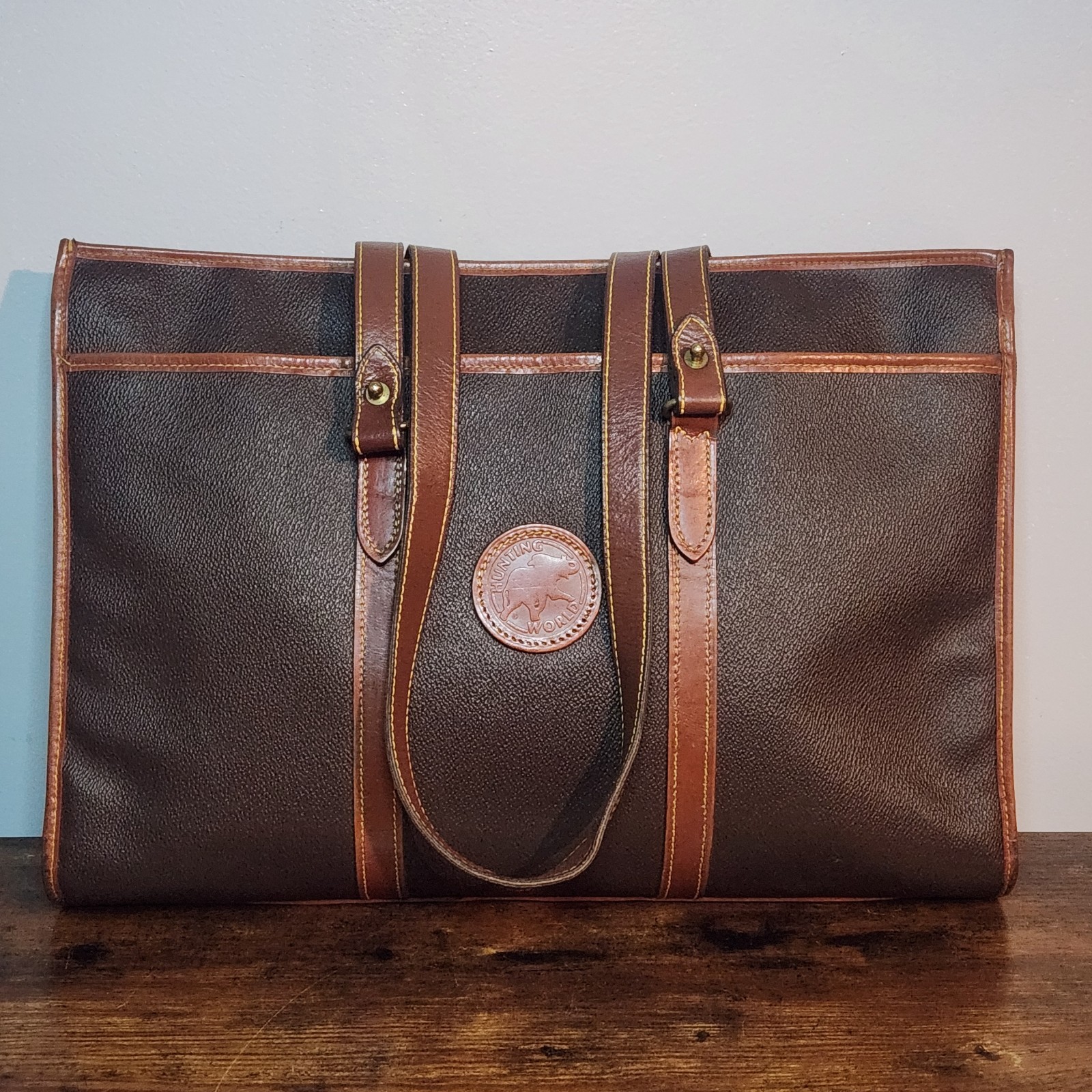 Vintage Hunting World Leather Tote Shoulder Bag Brown Safari Style
