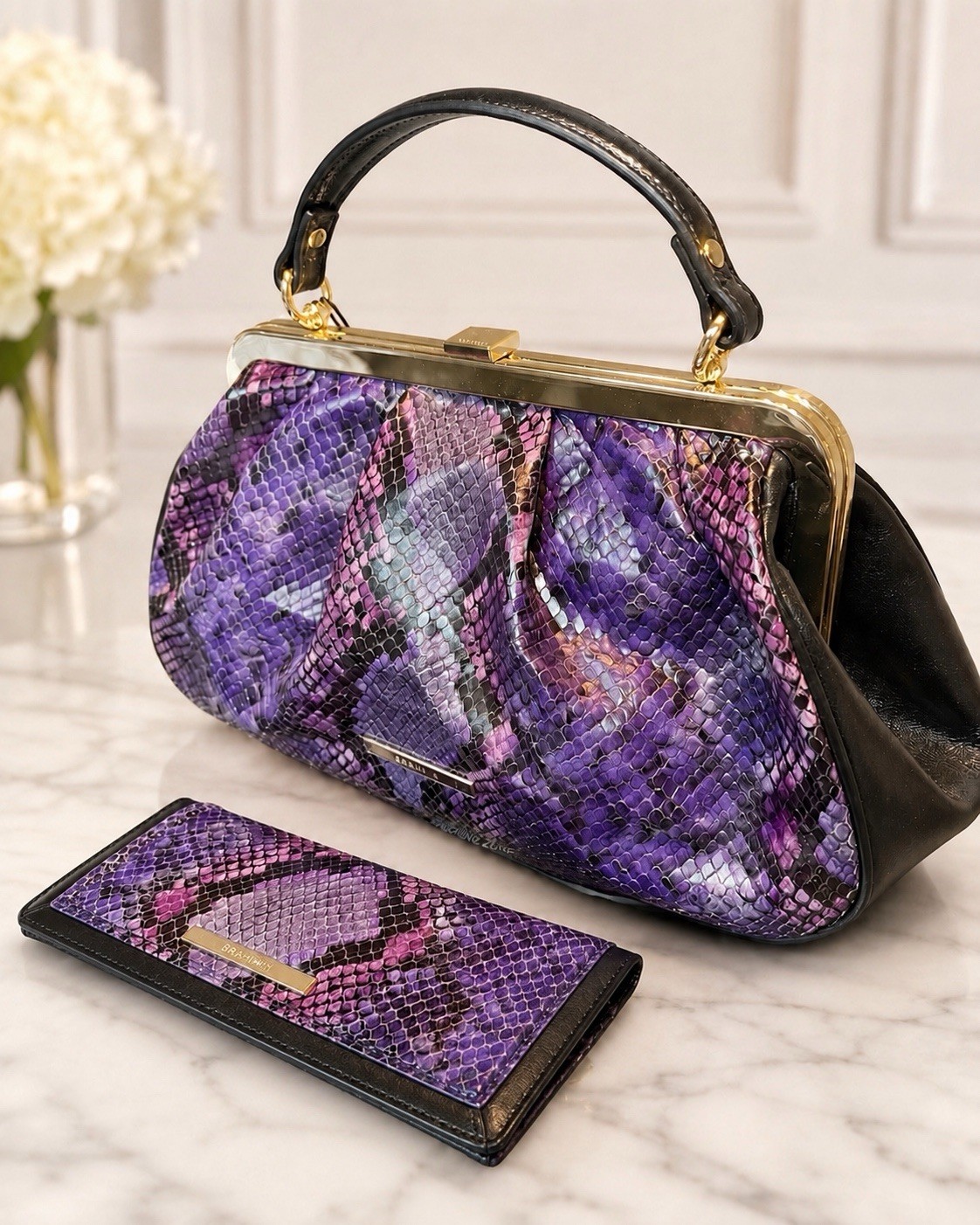 NWT Brahmin Emmett Purple Potion Winterlight Frame Satchel & Matching Ady Wallet