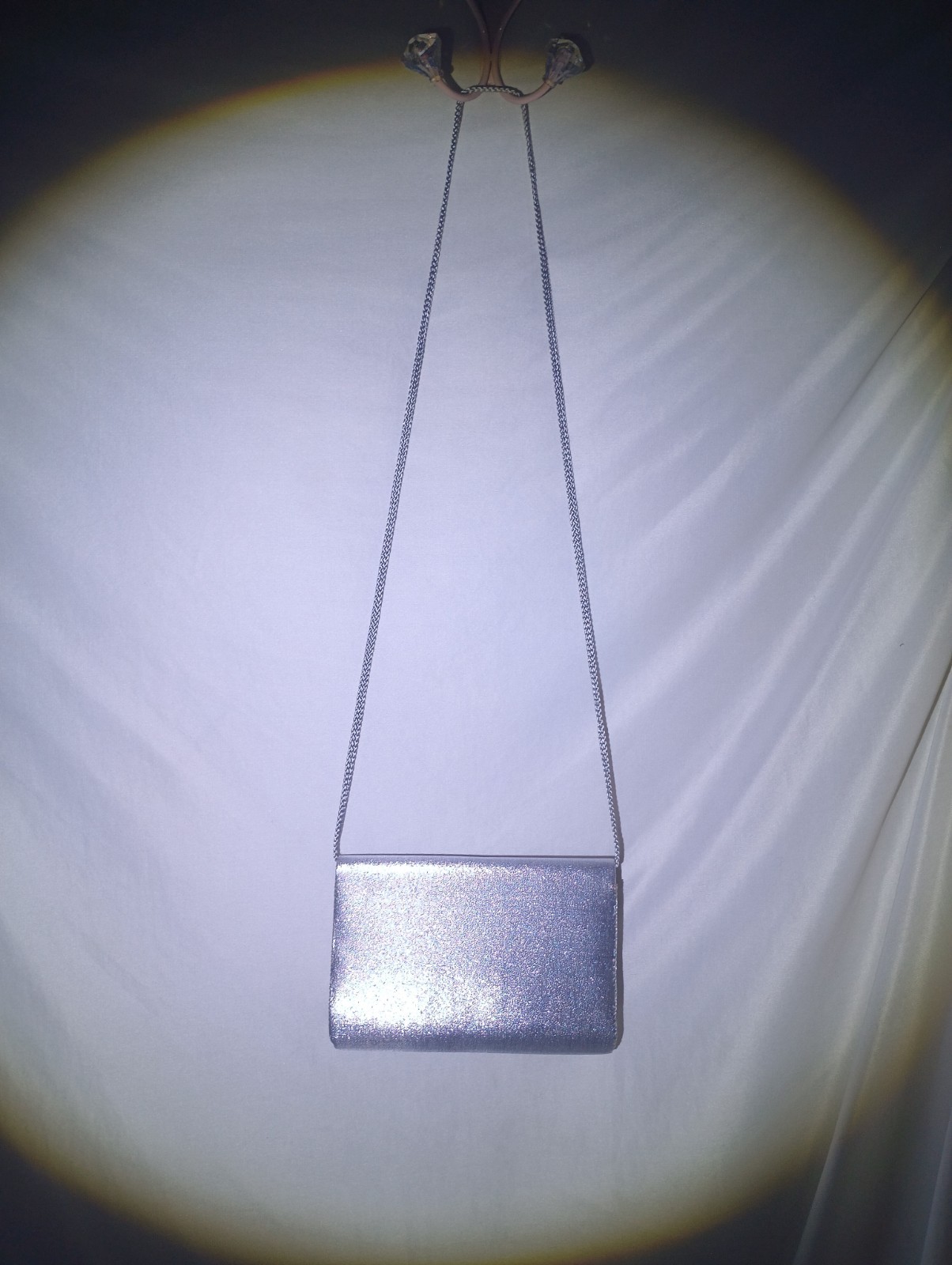La Regale Silver Metallic Small Clutch, Lined Snap Closure, Chain Shoulder Strap