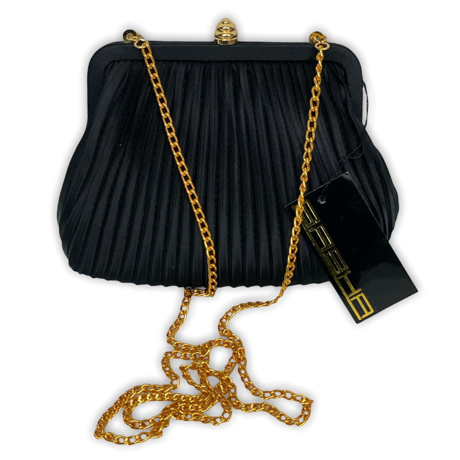 Women’s Formal Small Black Snap Close Purse Gold Color Strap Chain Ribbed — NWT