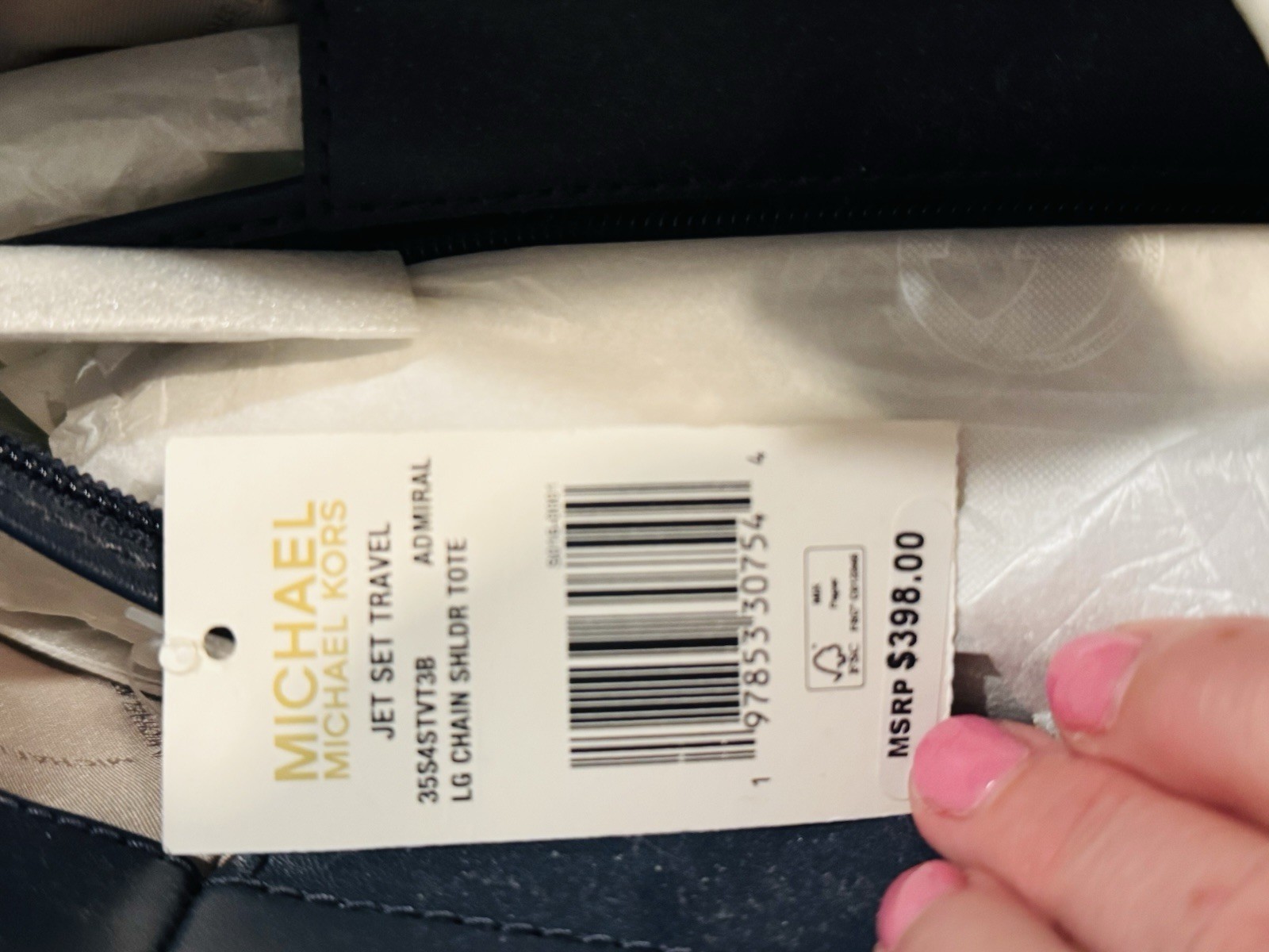 Michael Kors Jet Set Travel Large Navy Logo Tote Chain Detail Zip Detach Strap