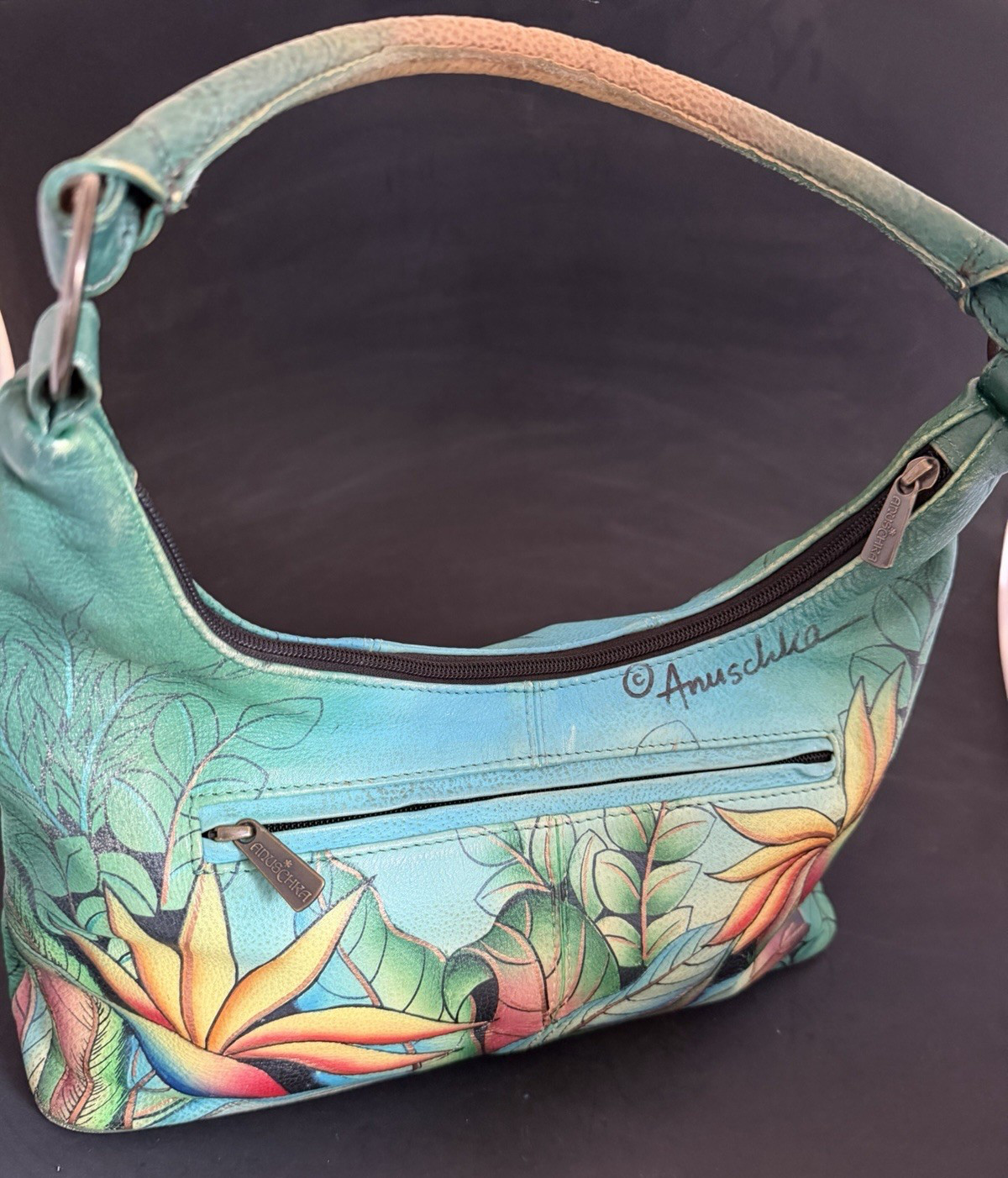 Anuschka Tropical Bliss Parrot/Toucan Birds Hand Painted Purse Shoulder Bag