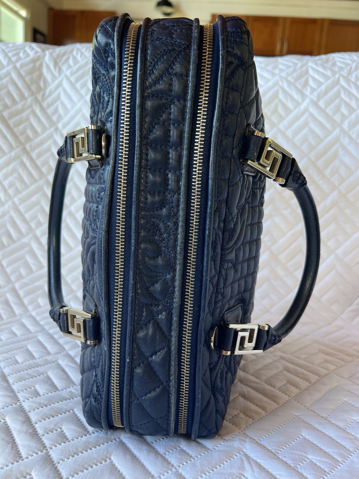 Versace Navy Blue Leather Demetra Vanitas Satchel Bag