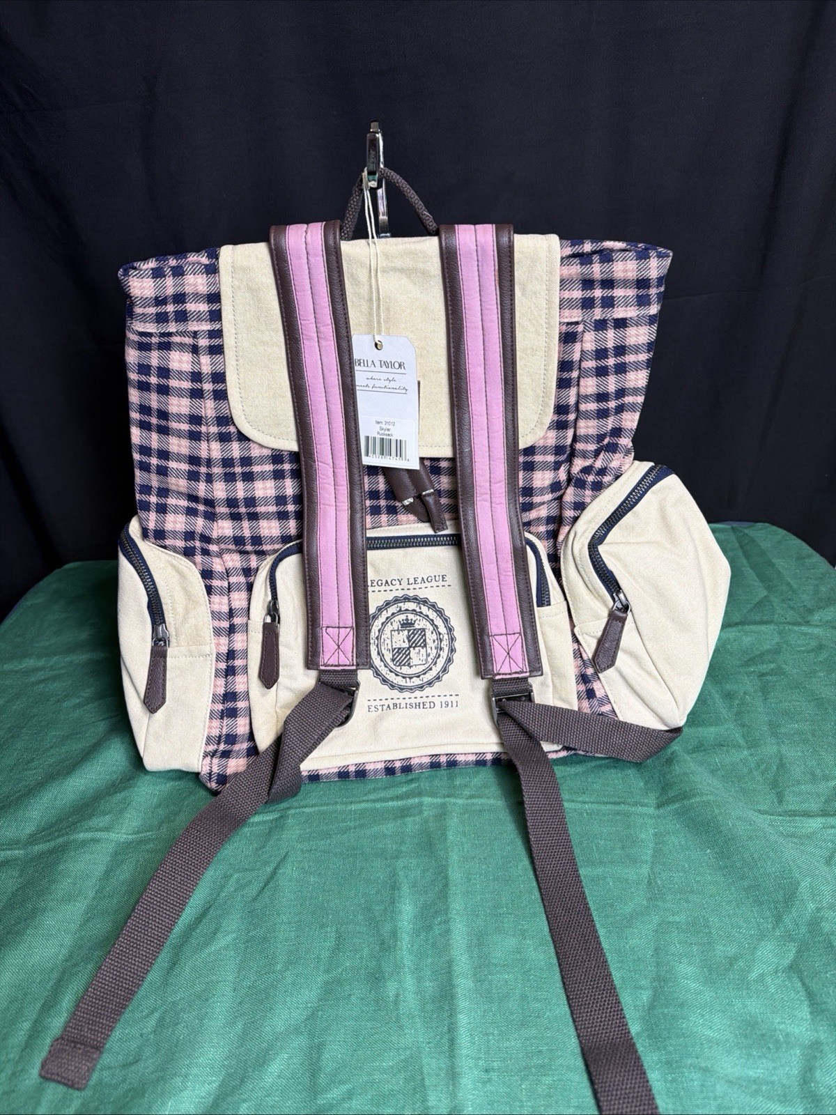 Bella Taylor Plaid Rucksack Backpack Large Outer Pockets Zips-Pink Navy BeigeNWT