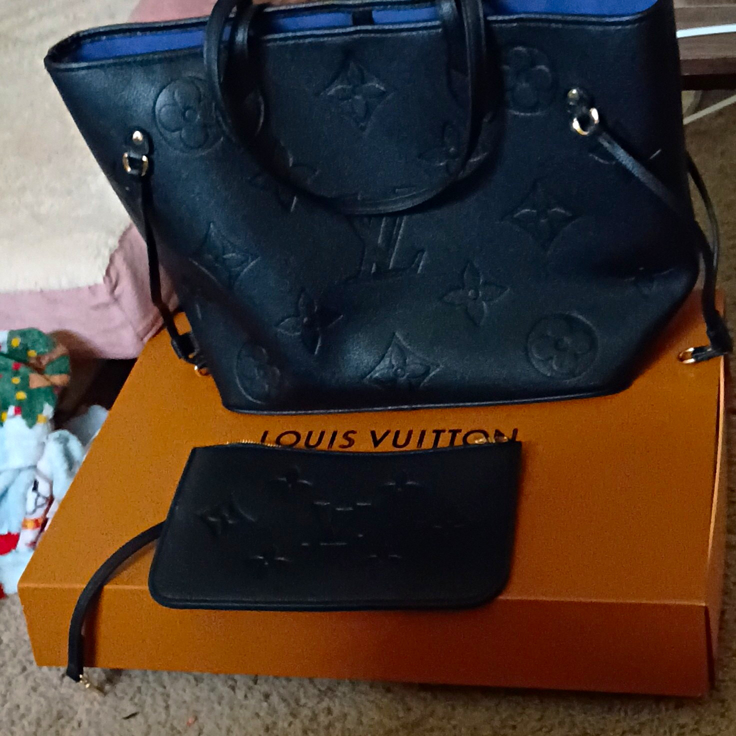 Louis Vuitton Black Empreinte Monogram Tote Zip Pouch Box Strap Gold HW.