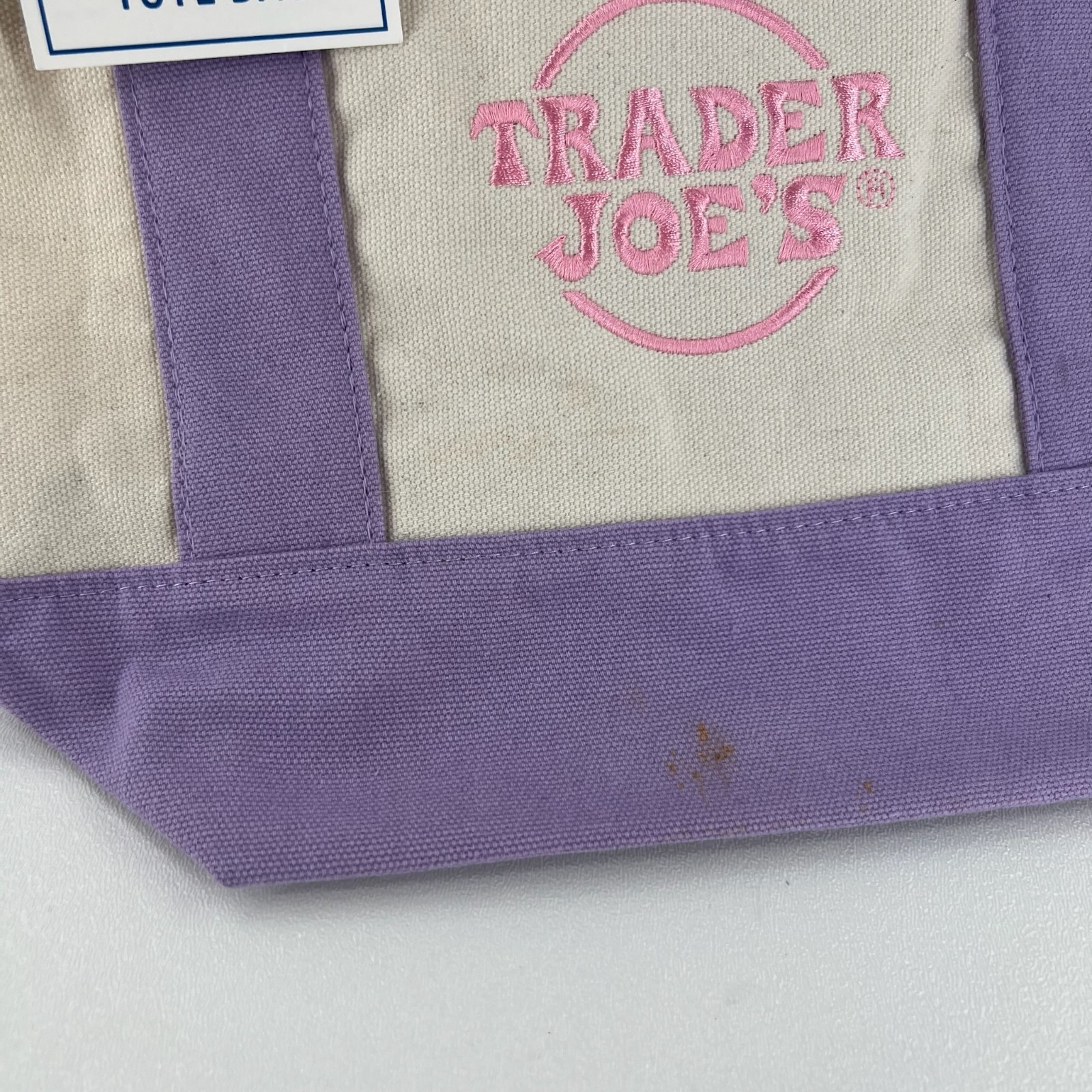 Trader Joes Mini Pastel Canvas Tote Bag Shopper Handbag Pocket Logo Purple Beige