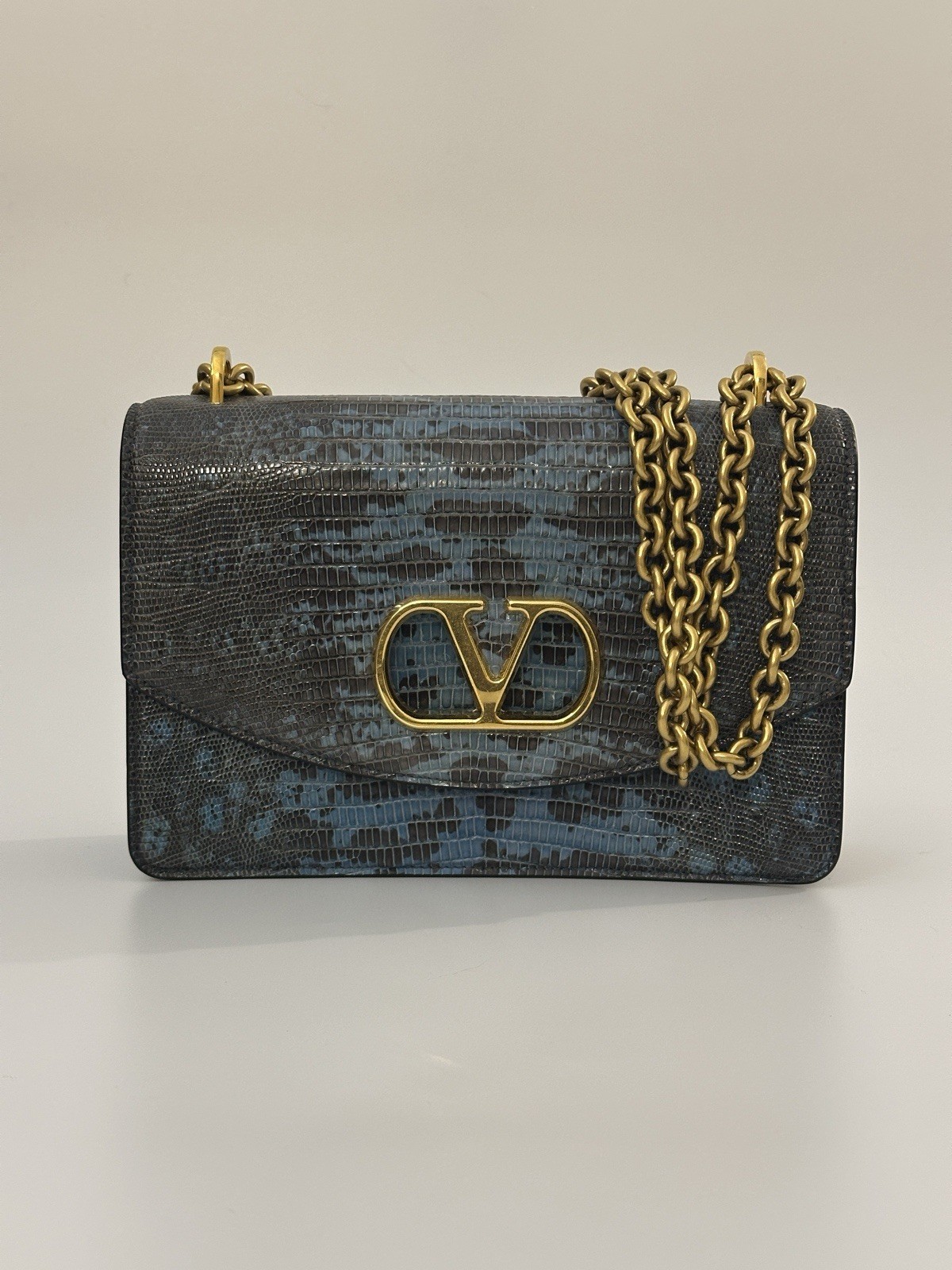 Valentino Garavani VLogo Signature Blue Black Lizard-Effect Chain Bag
