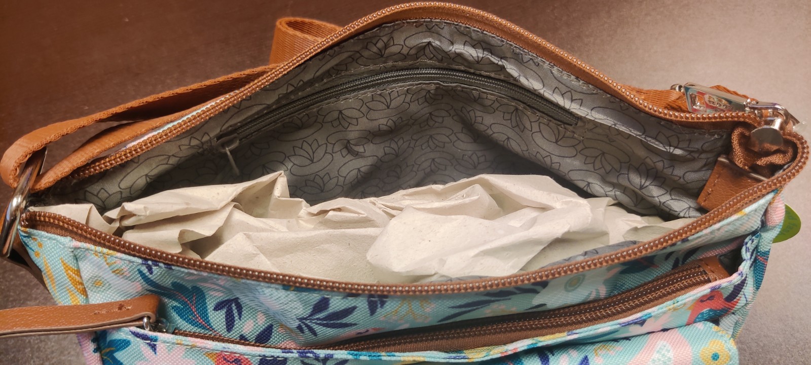 Lily Bloom Floral Bird Print Crossbody Bag Zip Adjustable Strap Charm Blue