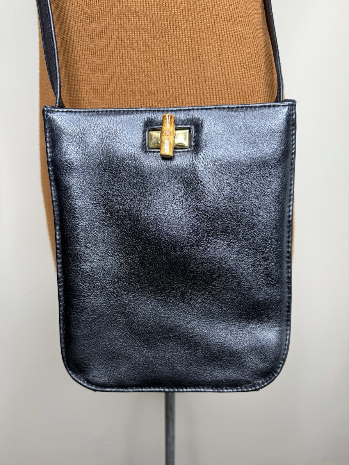 Halston Black Leather Crossbody Bag Gold Bamboo Turn Lock Accent