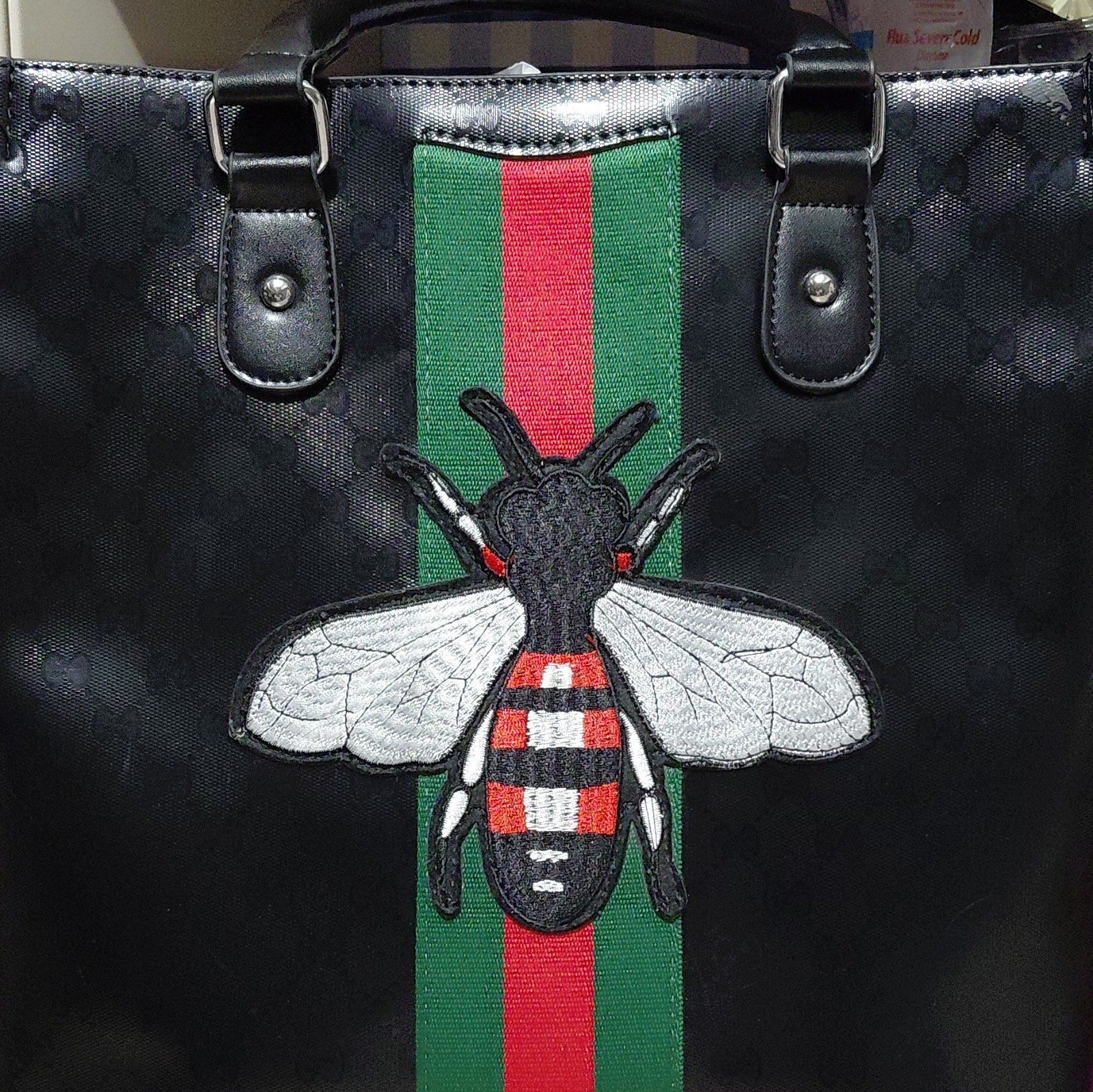 Gucci Black GG Tote Bag Bee Embroidery Web Stripe Zip Shoulder Strap Pockets