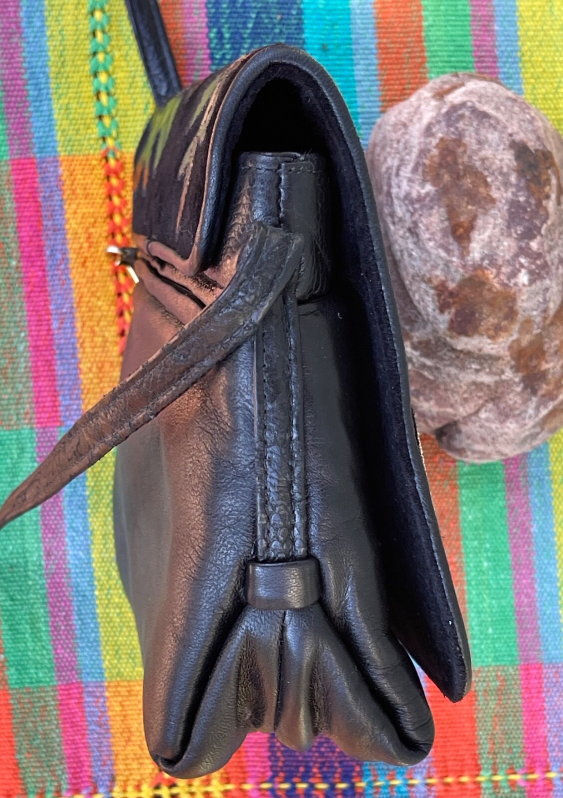 Sharif New Black Leather Crossbody Bag Acorns Oak USA Multi Textured Appliqué