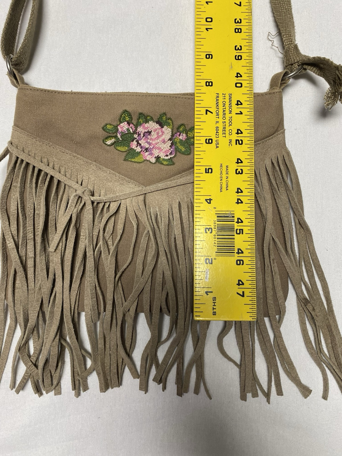 American Eagle Tan Cotton Cow Hide Embroidered Fringe Crossbody Purse