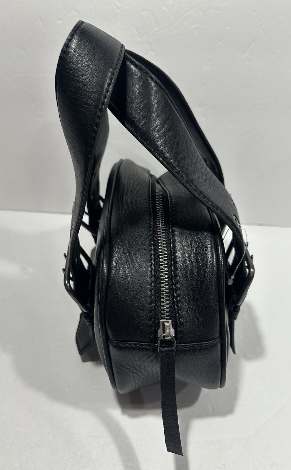 Free People Say Yes Bag Tote Handbag / Small Oval Black Leather Buckles Zipper
