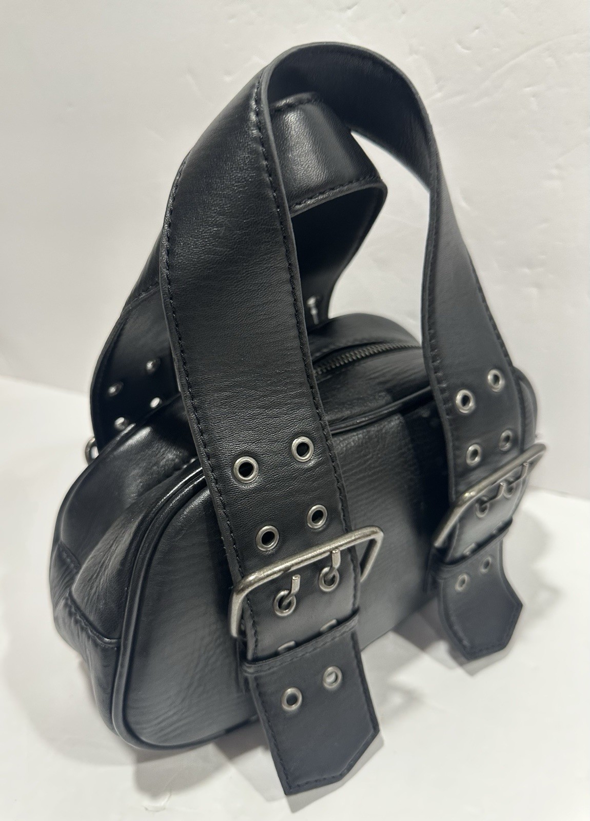 Free People Say Yes Bag Tote Handbag / Small Oval Black Leather Buckles Zipper