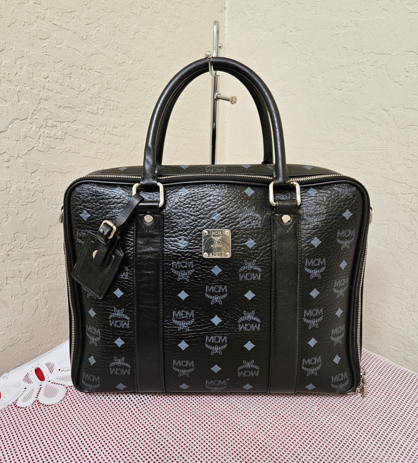 MCM Black Monogram Handbag Document Bag No Long Handle Satchel AUTHENTIC