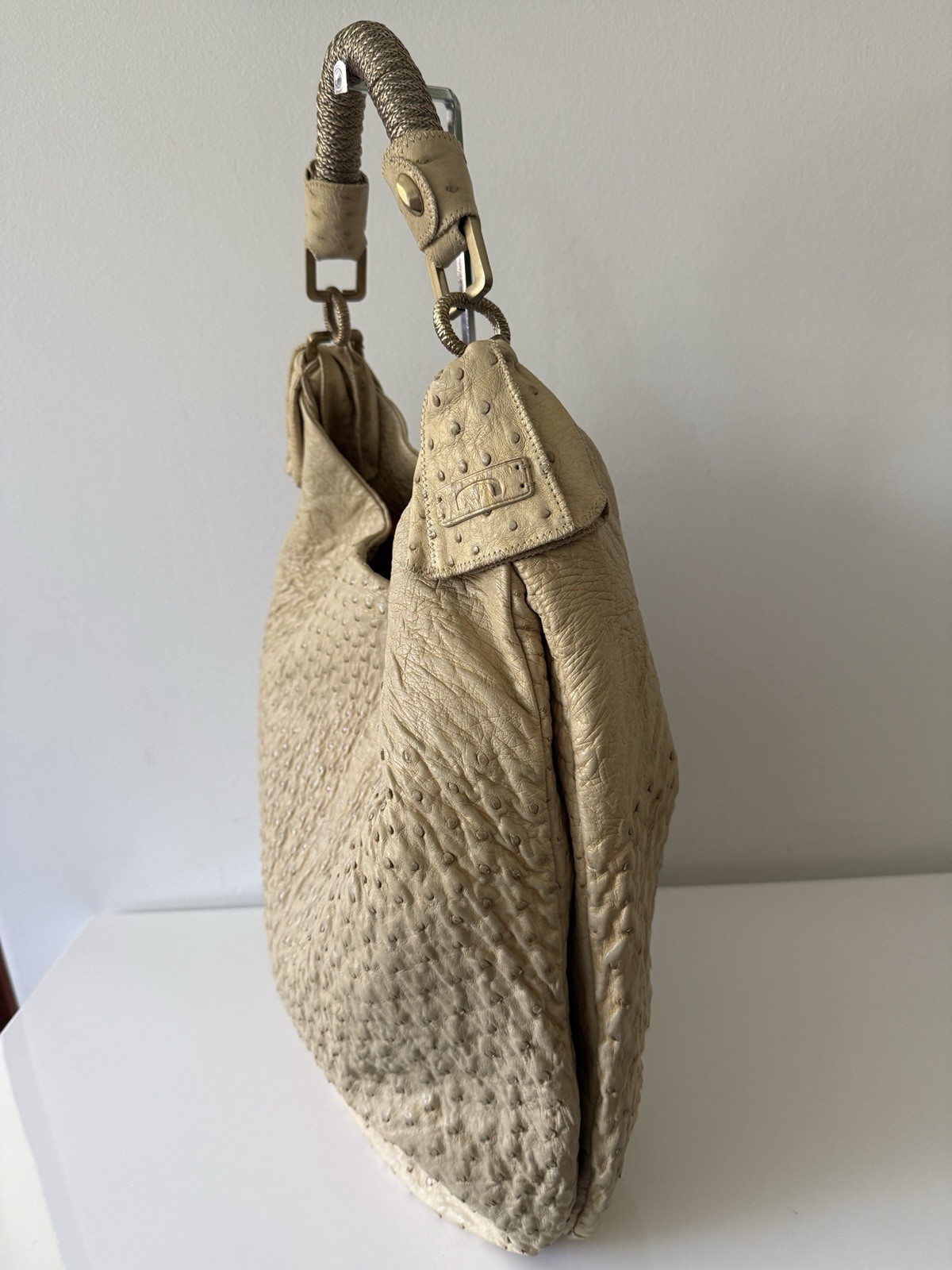 NUTI Ostrich Hobo Shoulder Bag Handbag, Pale Yellow/Gold