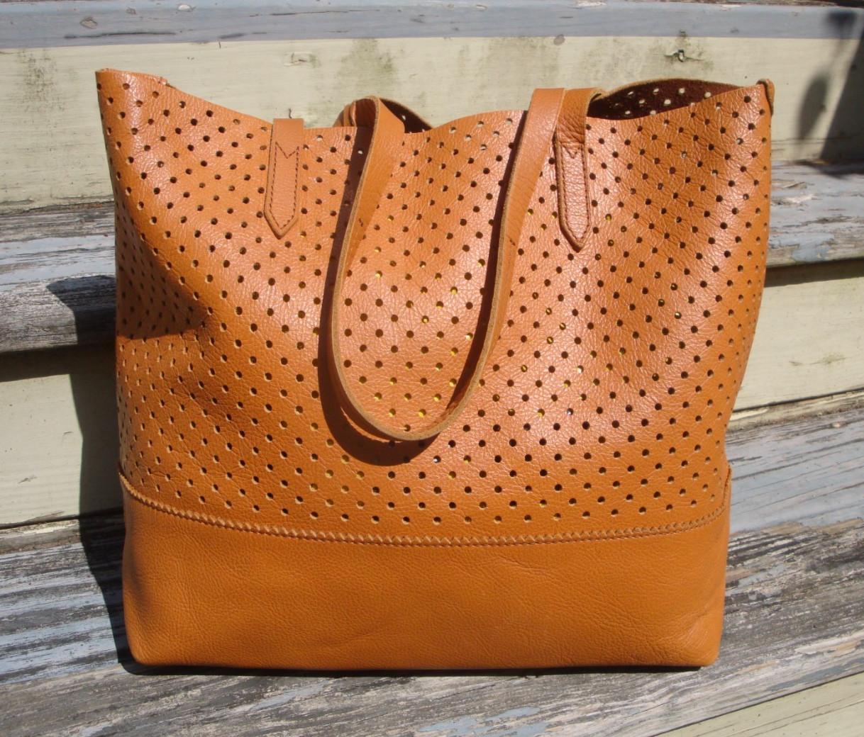 J CREW Large Downing Tan Brown Leather Tote Boho Hobo Laser Perforated Carry All