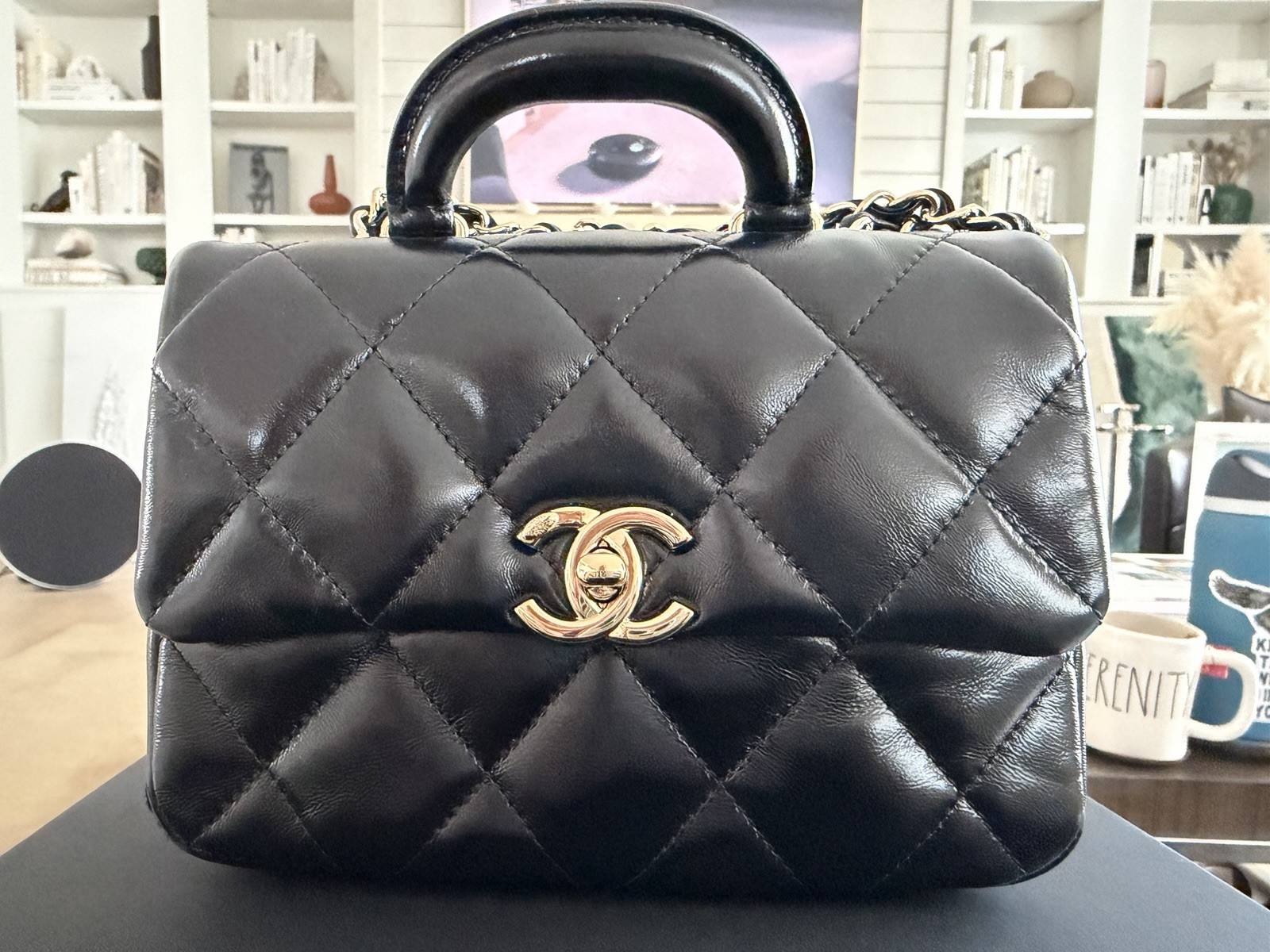 Black Mini Chanel Lambskin Top Handle Bag With Gold Hardware MINT Condition