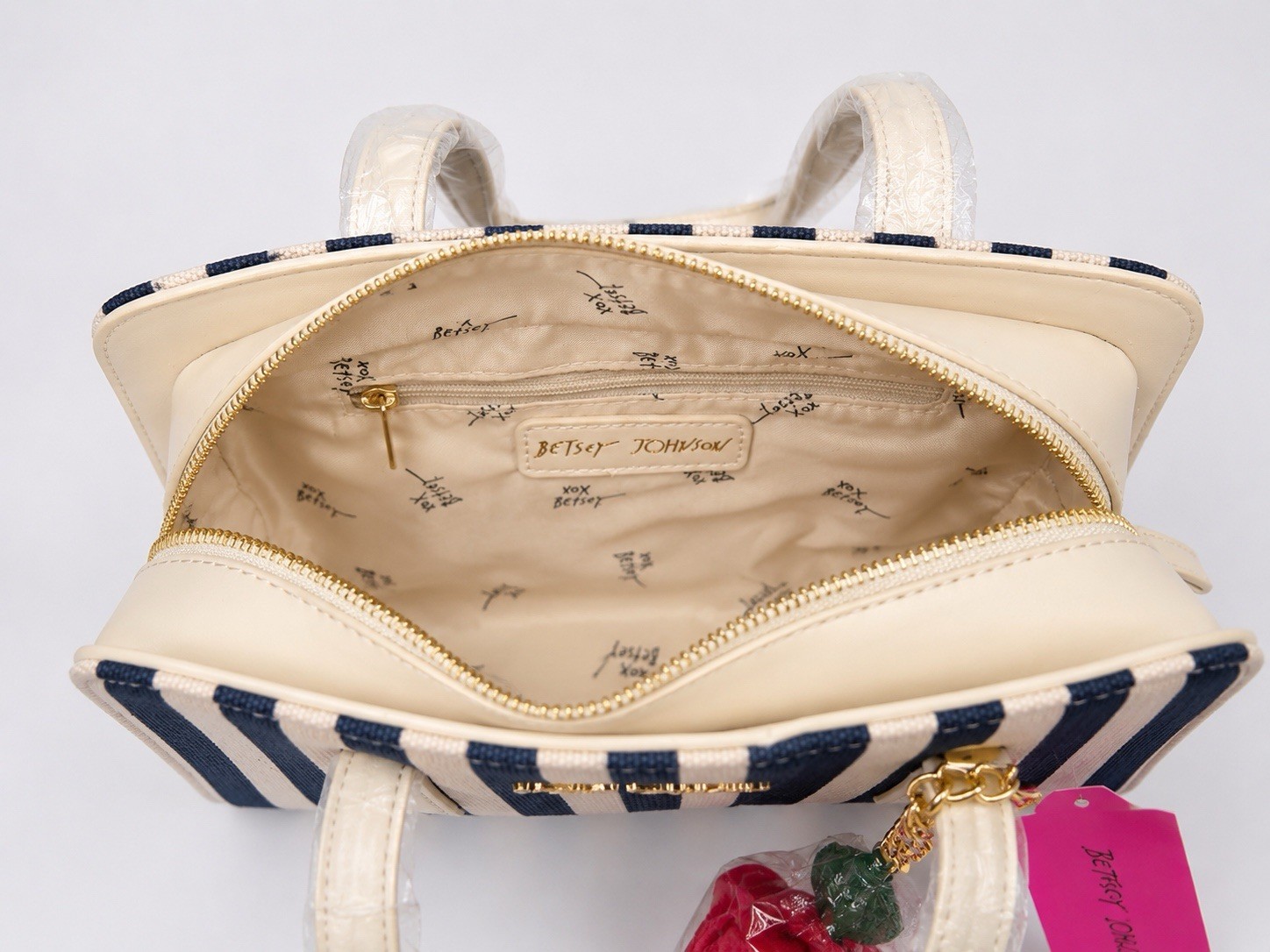 Betsey Johnson | Navy/White Striped Shoulder Bag w/ Cherry Charm Zip
