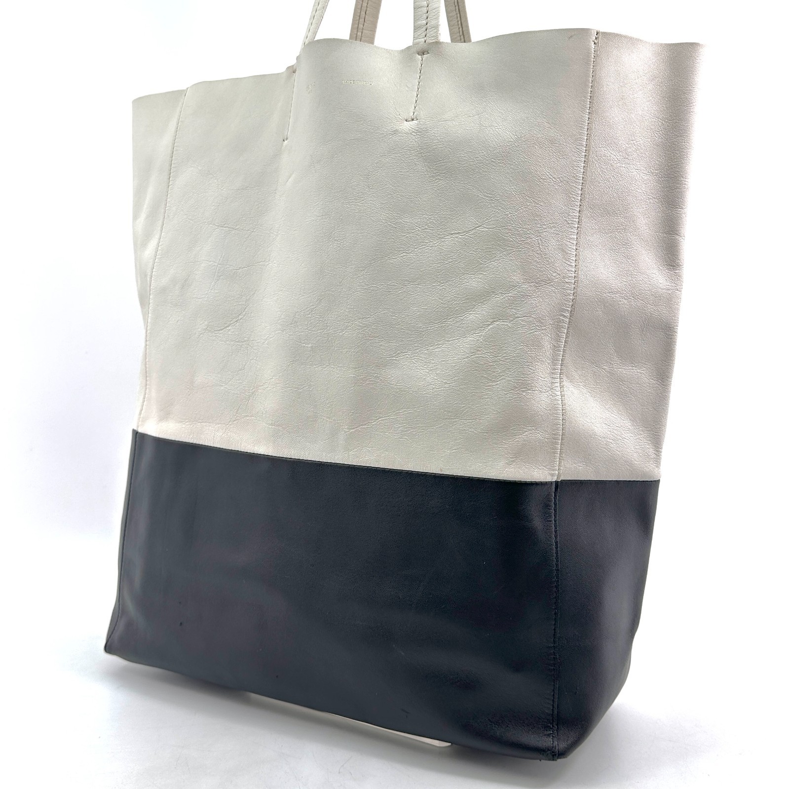 CELINE Horizontal Cabas Tote Bag Bi-Color White Black Leather Auth _0171
