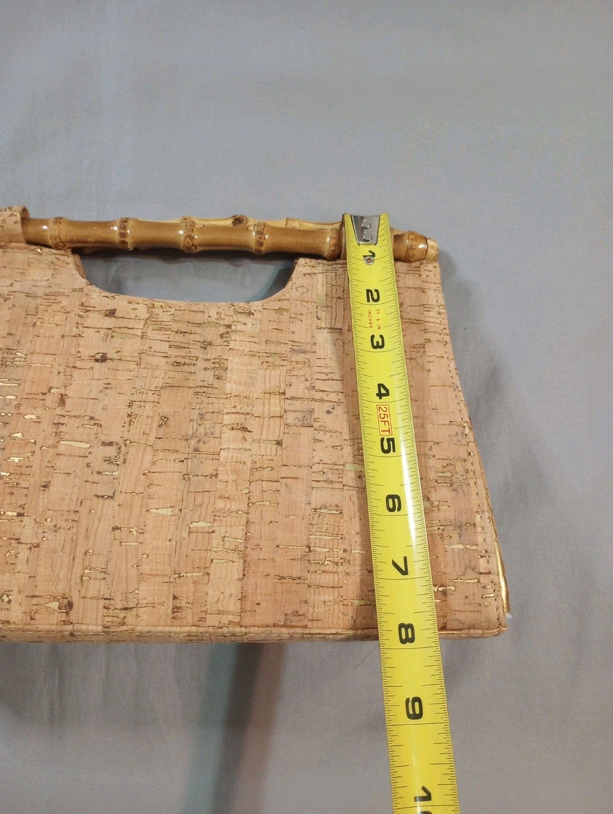 Cork Handbag Gold Accent Bamboo Handle Satchel 11 x 8 x 3.5 inch