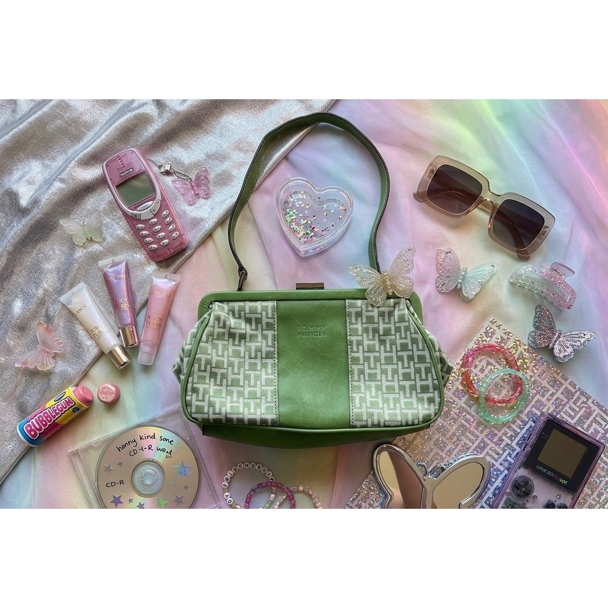 Tommy Hilfiger Vintage Y2K Green Monogram Frame Baguette Shoulder Bag Small