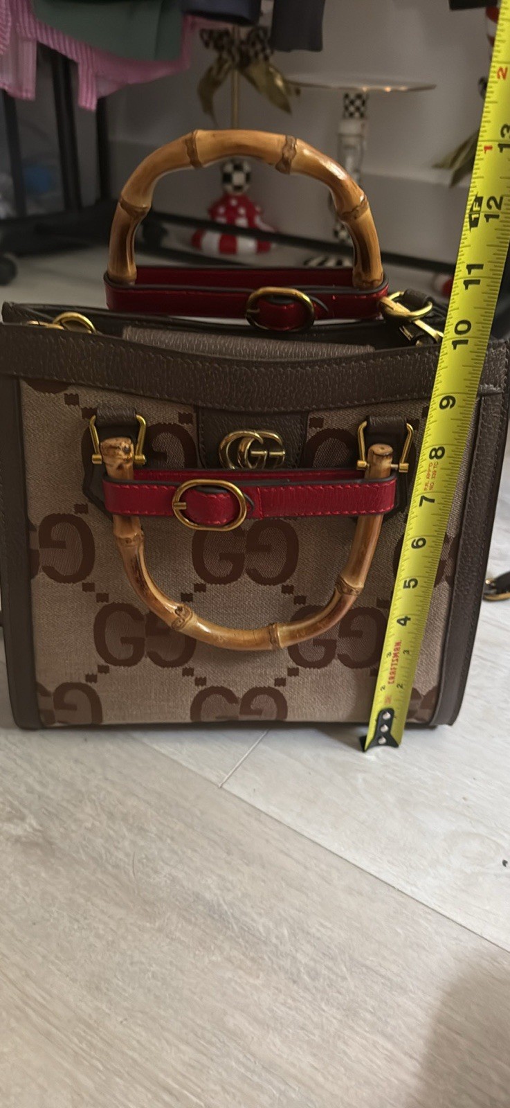 Coated Canvas Bamboo Top Handle Bag Detachable Strap Brown Beige