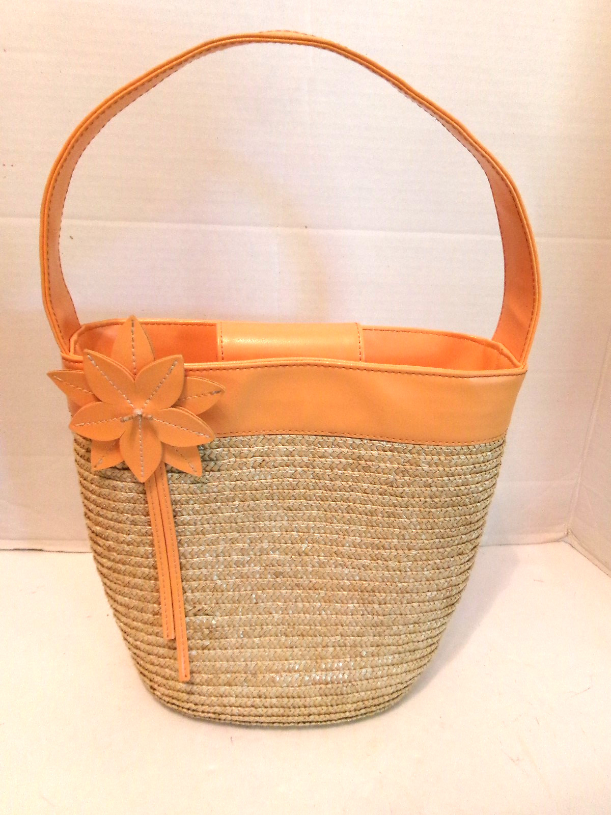 Bath and Body Works Straw Handbag Purse w/Orange Faux Leather Band and Flower