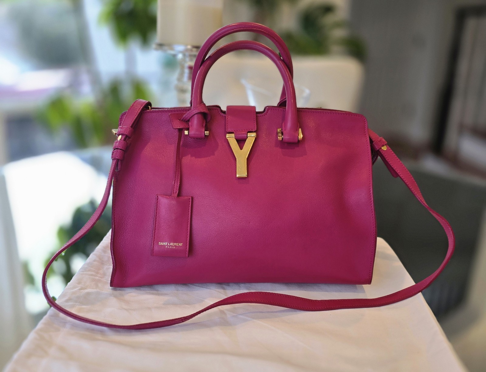 YSL Yves Saint Laurent Sac Ligne Y Cabas Fuchsia Pink Calfskin Handbag