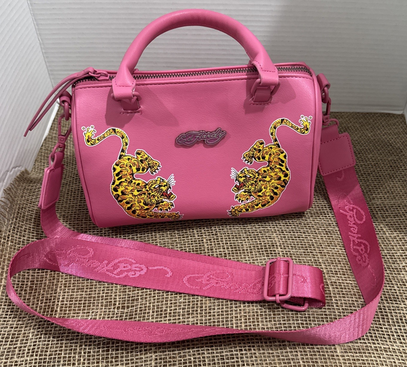Ed Hardy Pink Screaming Tigers Satchel Bag Adjustable Removable Strap See Photo